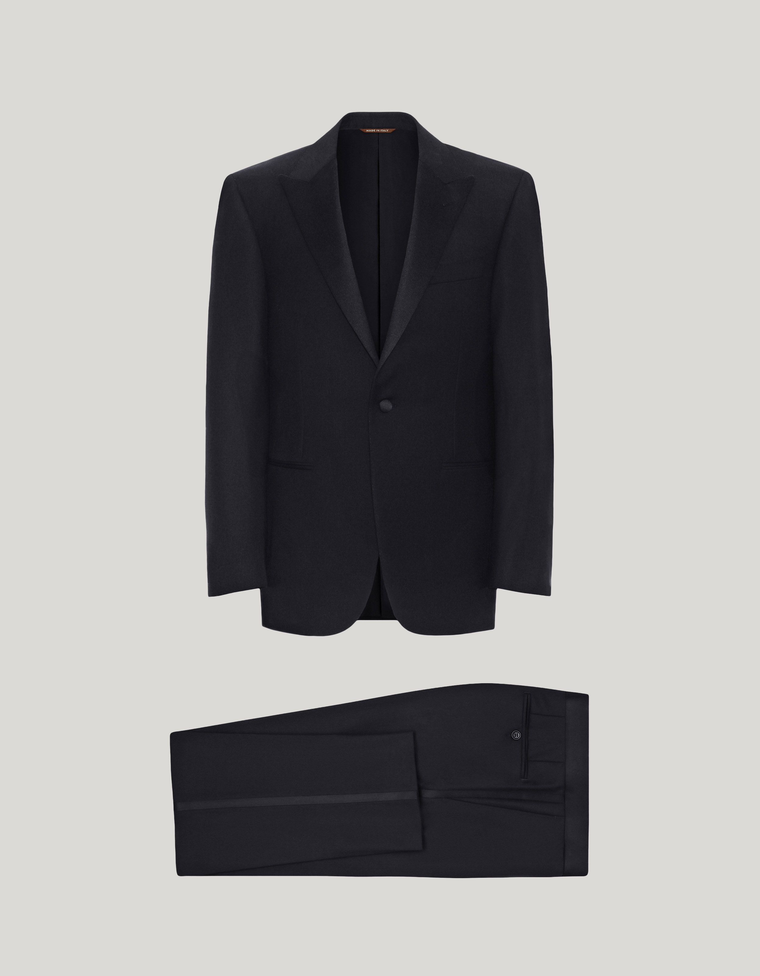 Black wool tuxedo with peak lapels 