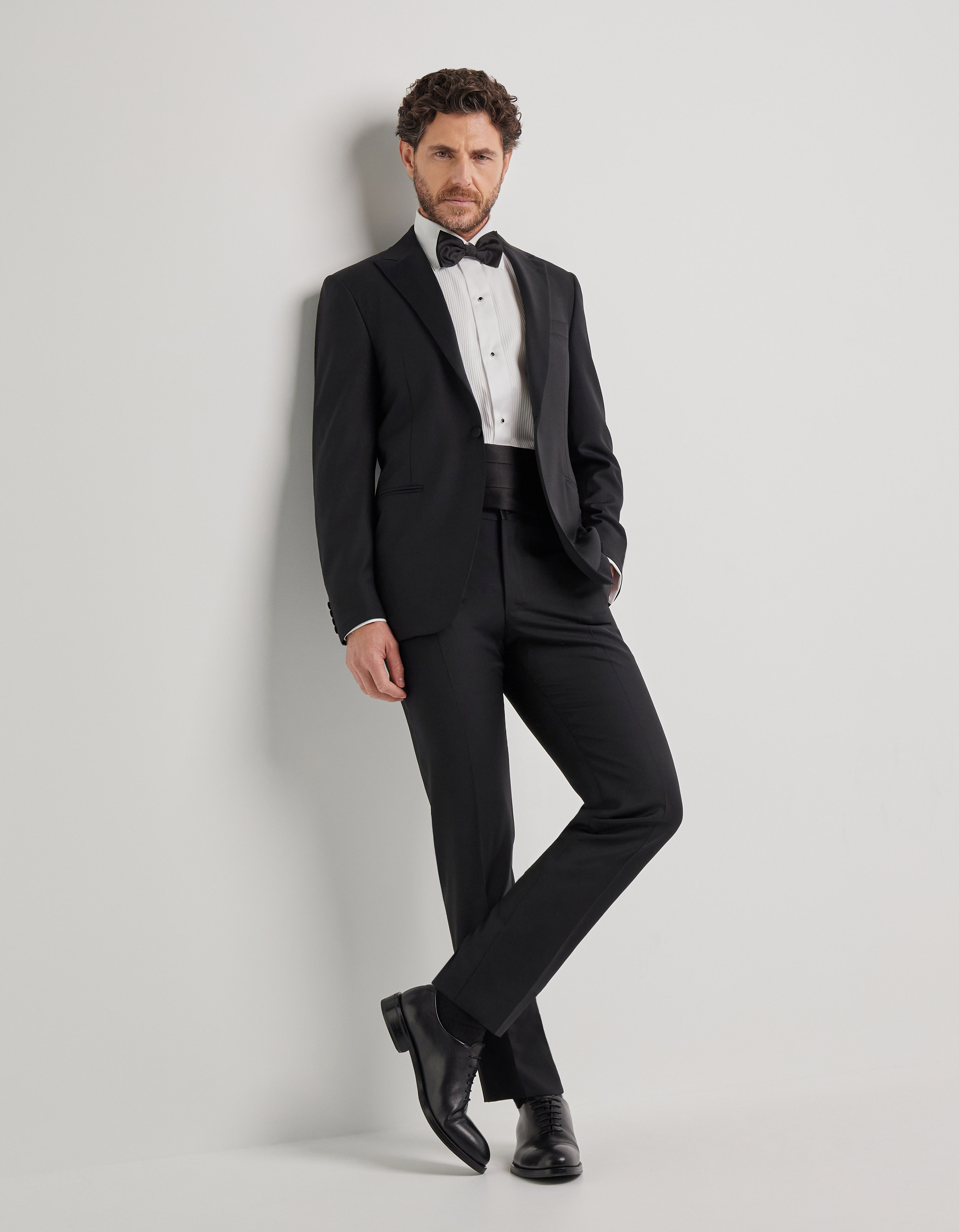 Black wool tuxedo with peak lapels