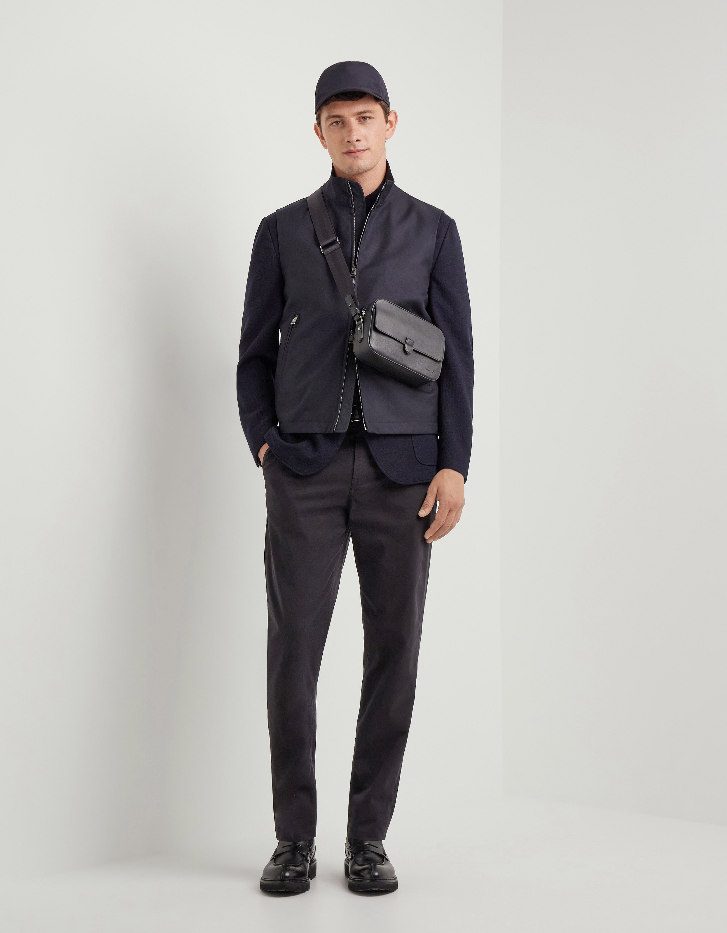 Navy blue garment-dyed cotton microtwill chinos