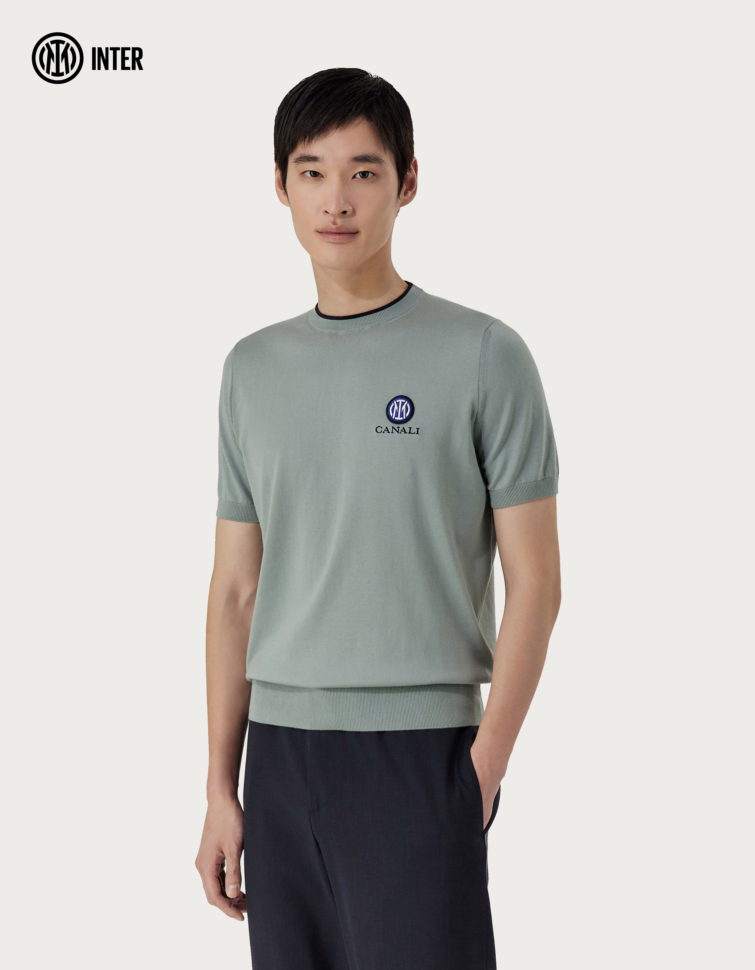 Short sleeve cotton silk crew neck with contrasting trim - Inter Collection
