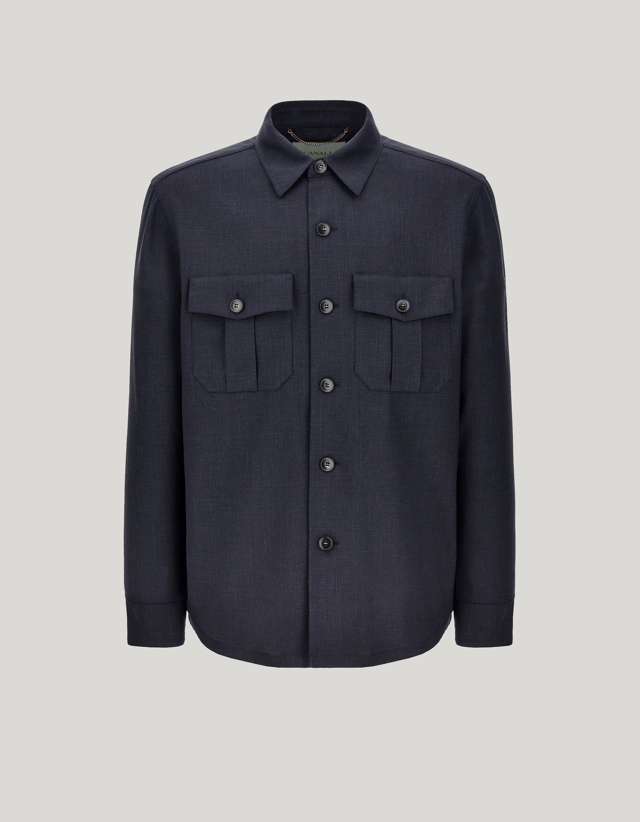 Midnight blue wool, silk and linen canvas shirt jacket - Inter Collection 