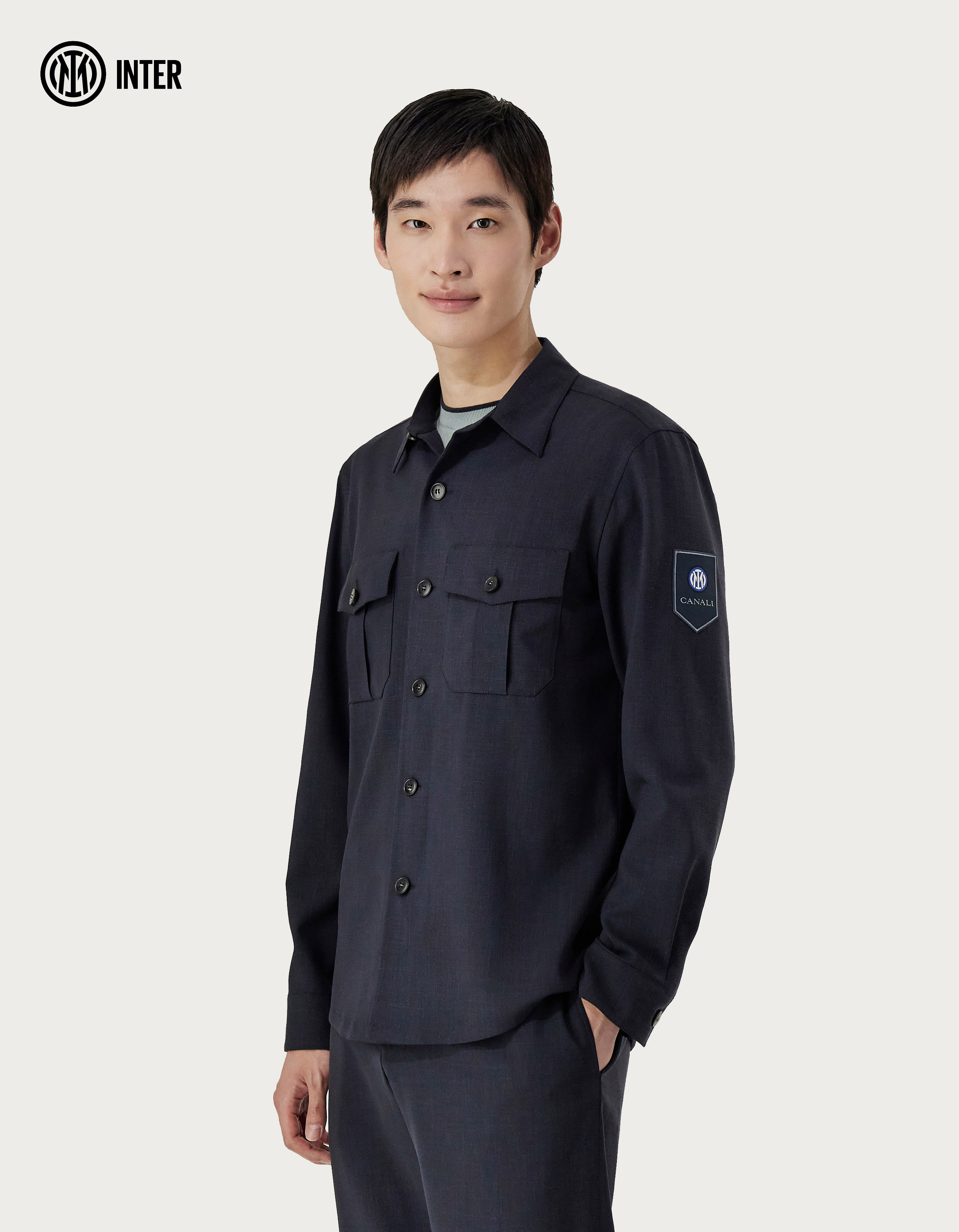 Midnight blue wool, silk and linen canvas shirt jacket - Inter Collection