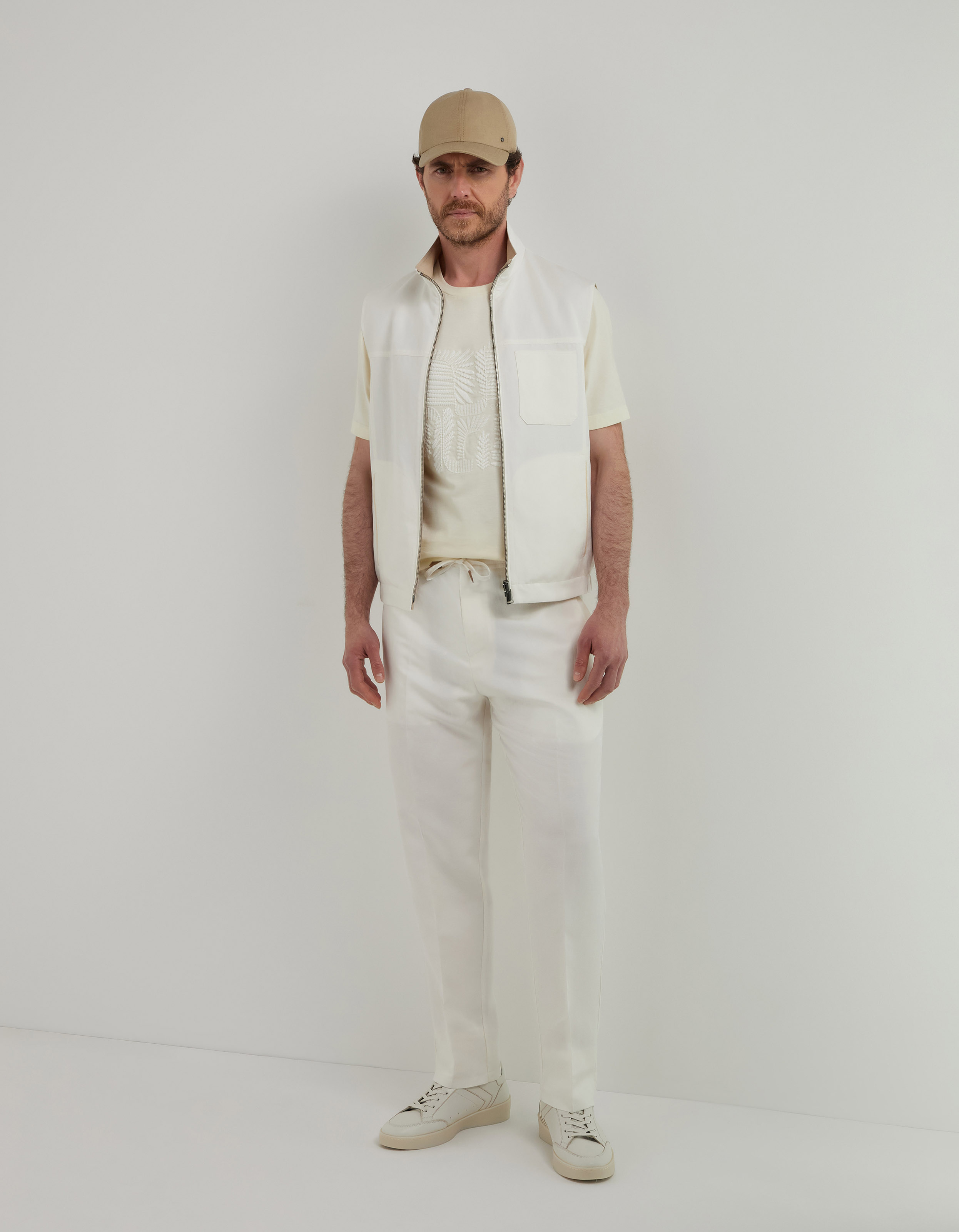 Milk-colored linen silk fabric drawstring pants
