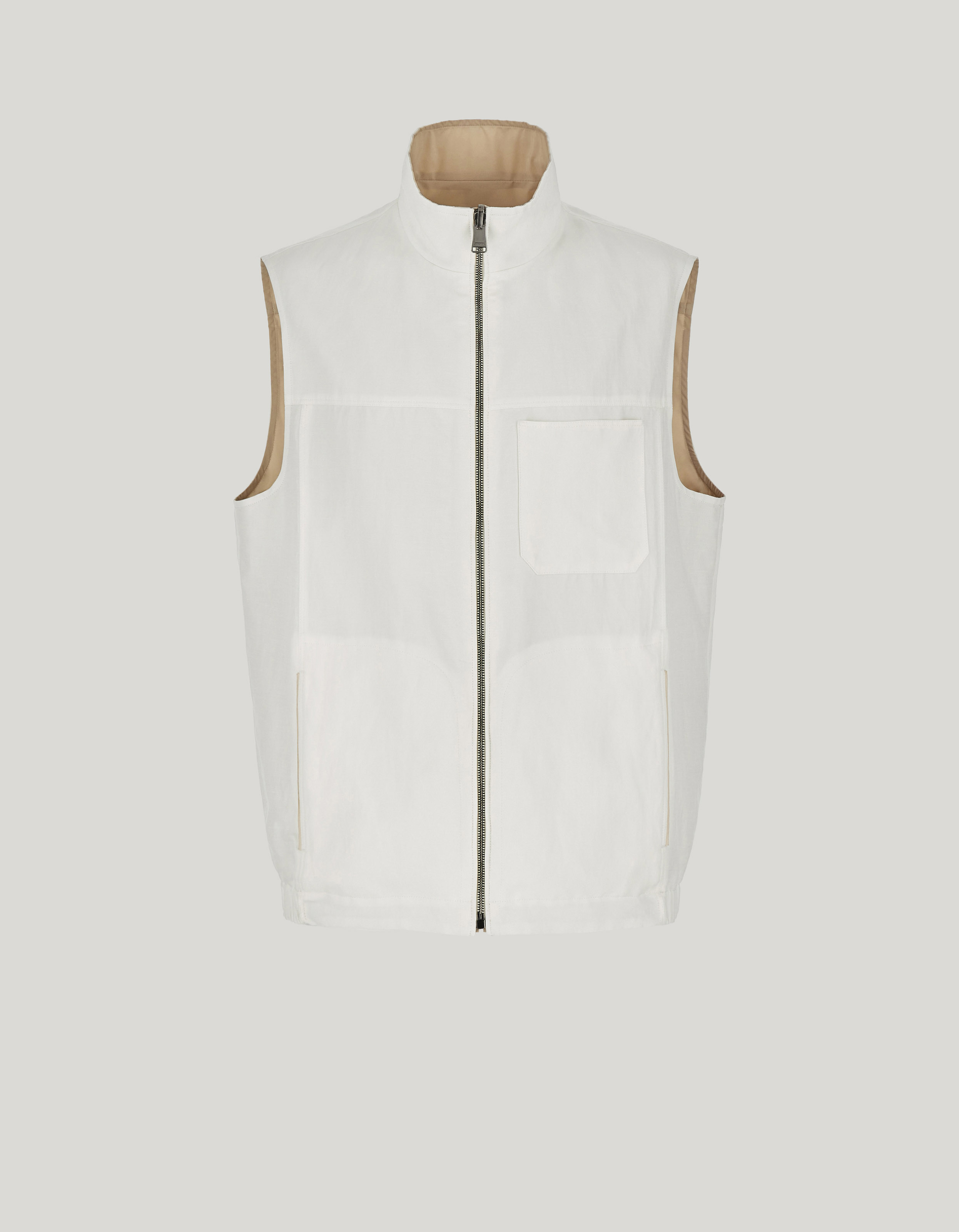 Milk-suede-colored reversible puffer gilet in linen and silk blend 