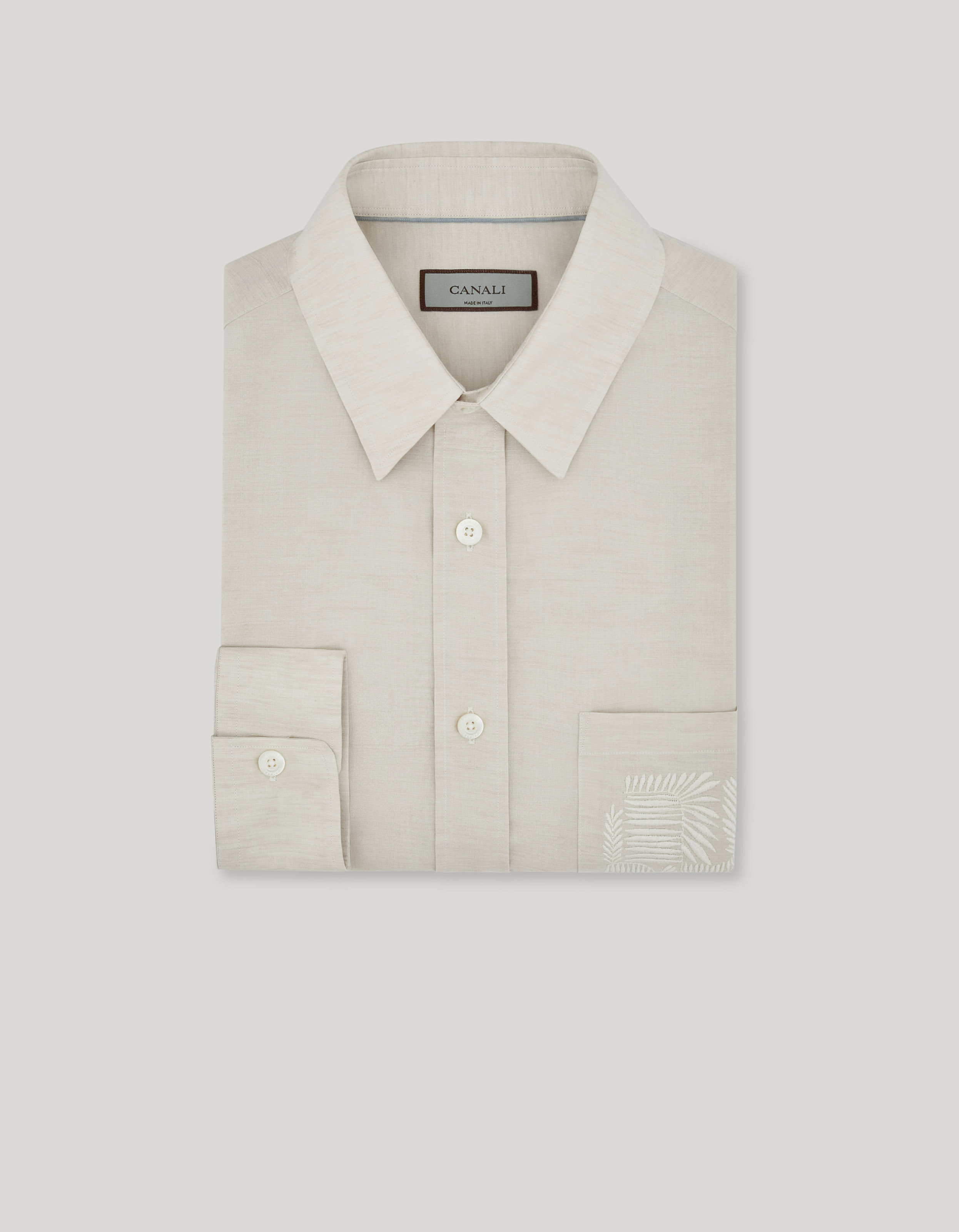Casual relaxed fit shirt in beige linen-cotton with pocket embroidery 