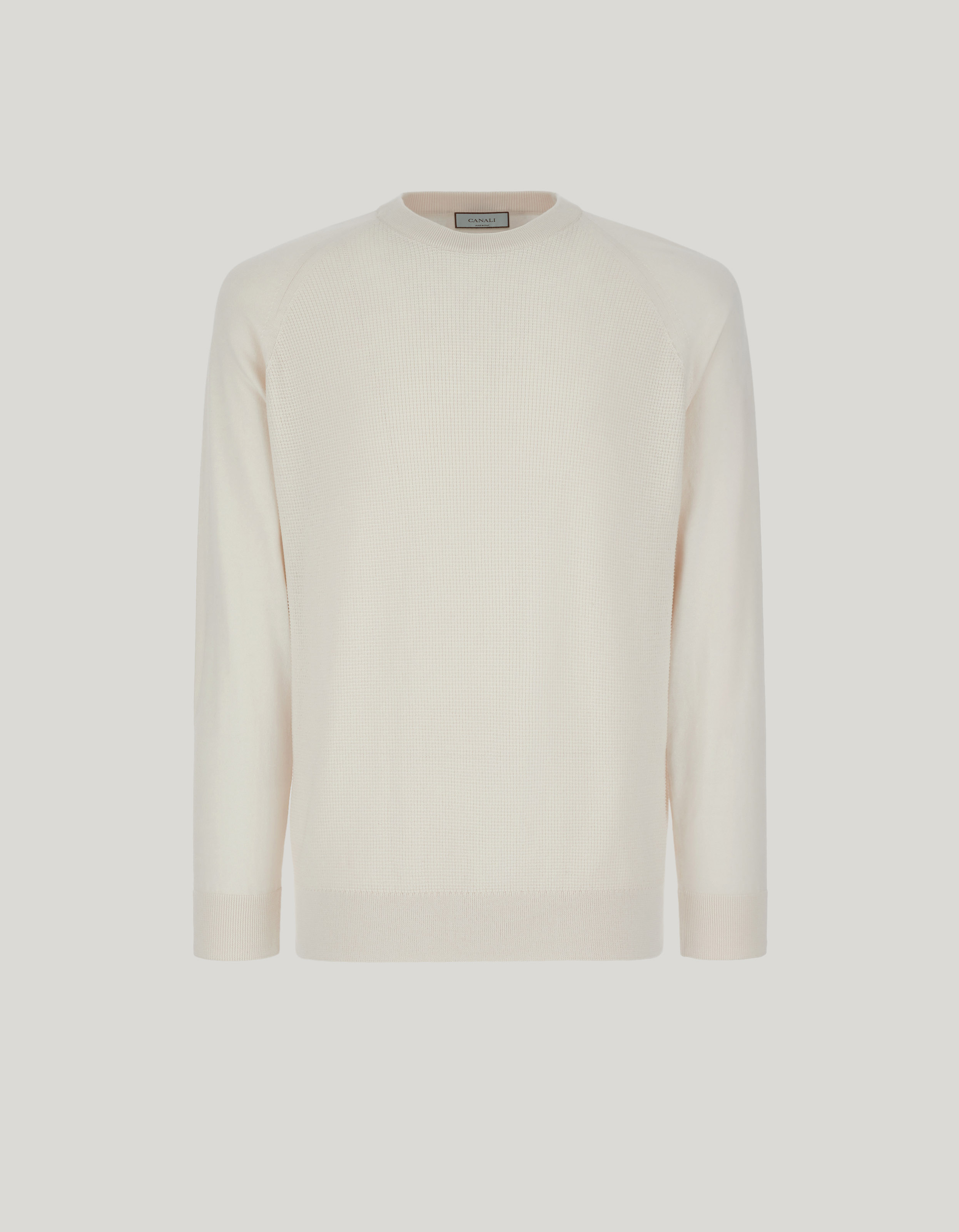 Cream long-sleeve crewneck in smooth cotton-silk blend 
