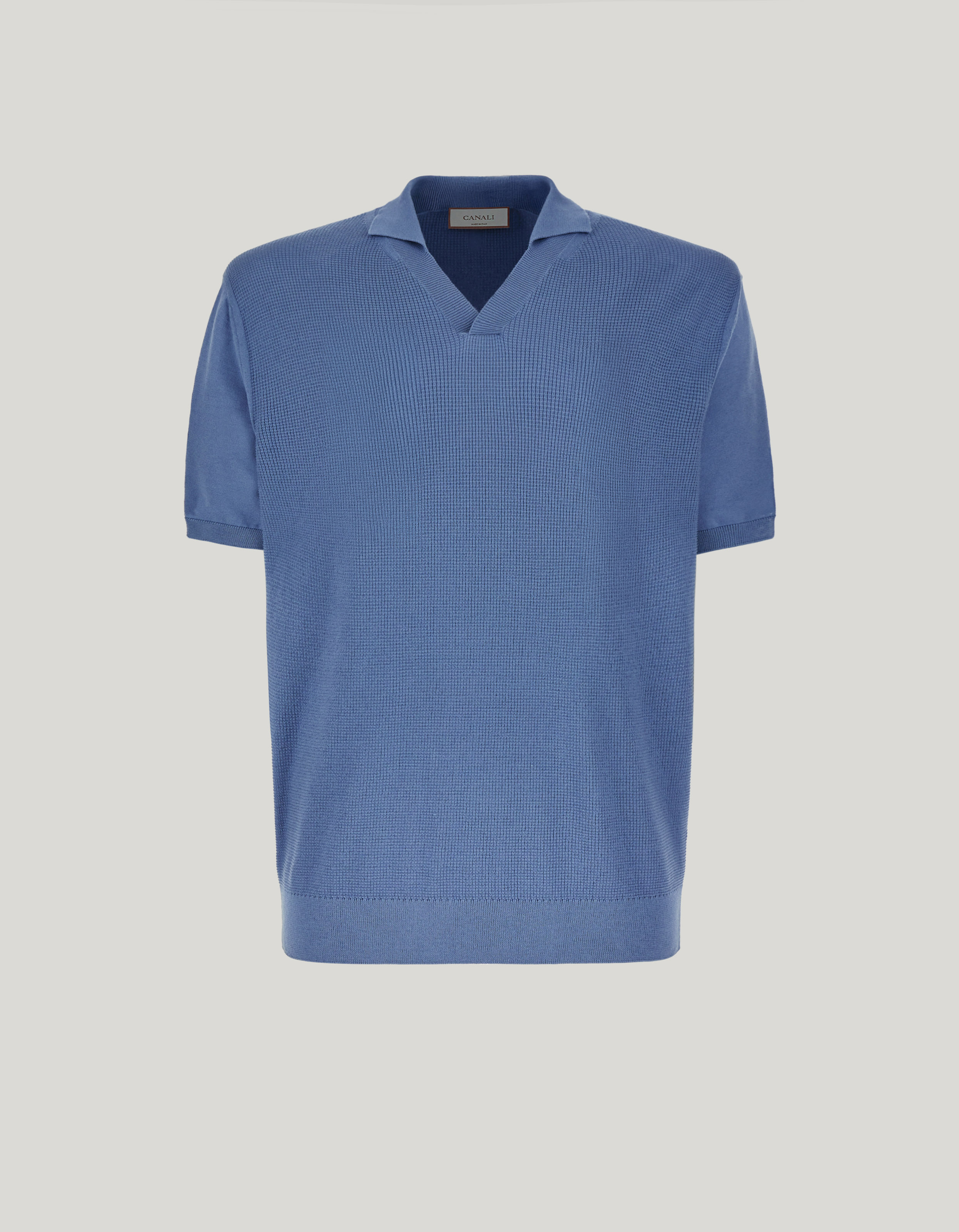 Air force blue open-collar short-sleeved polo shirt with shaved sleeves in cotton silk 