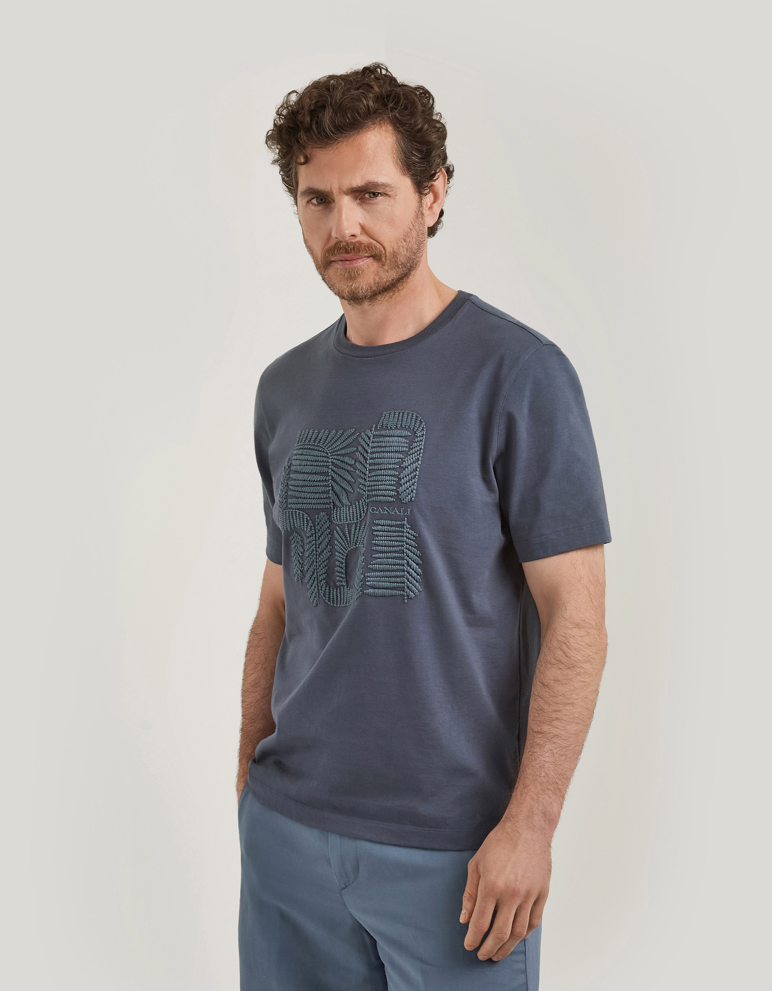 Avio cotton jersey T-shirt with ribbed collar and graphic embroidery