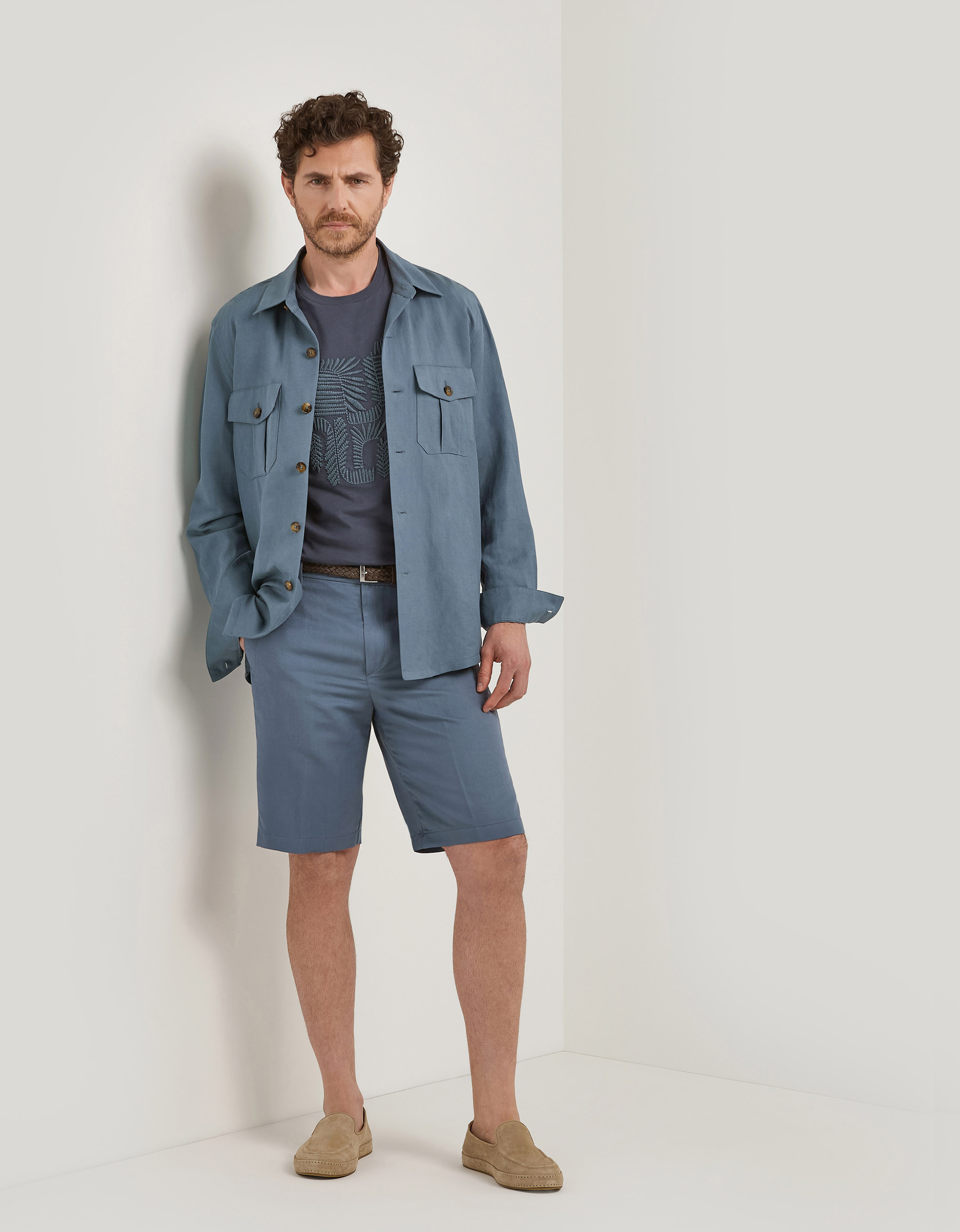 Air force blue linen and silk shorts