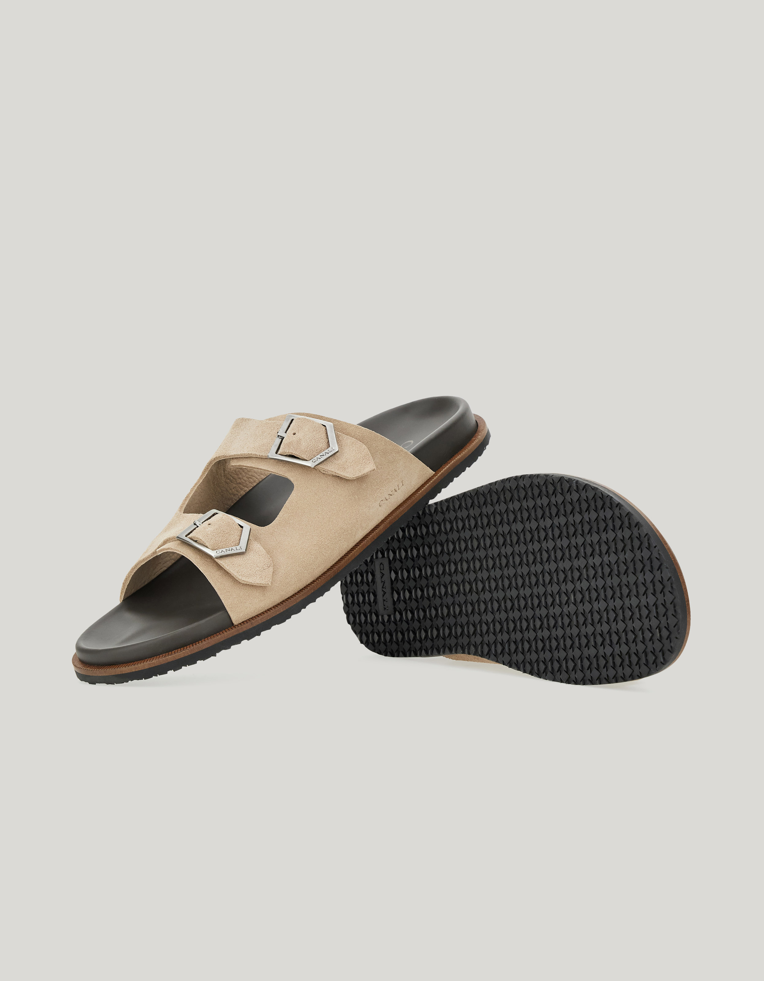 Nude sandal with double-branded buckle