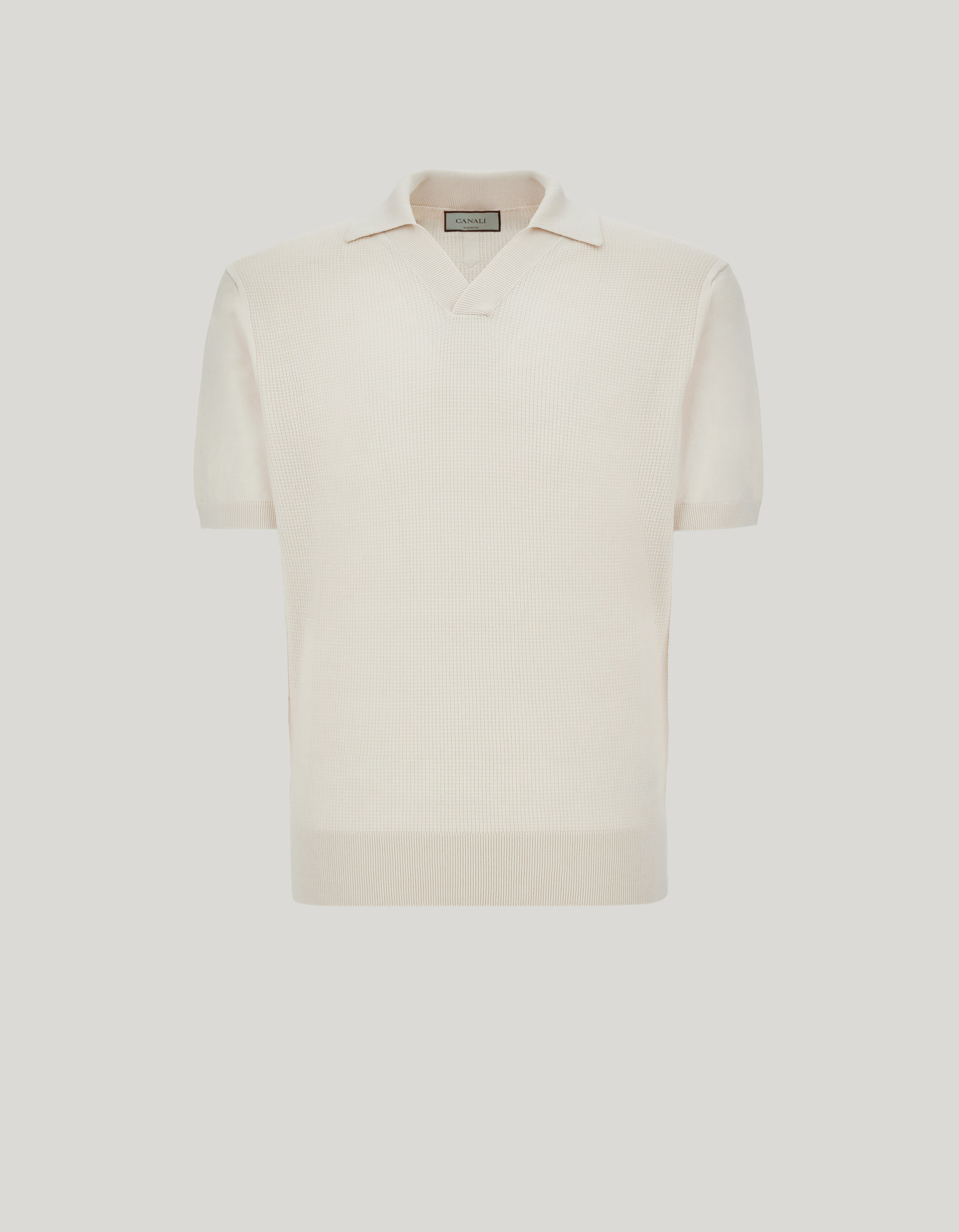 Short-sleeve open collar polo in cream cotton-silk blend 