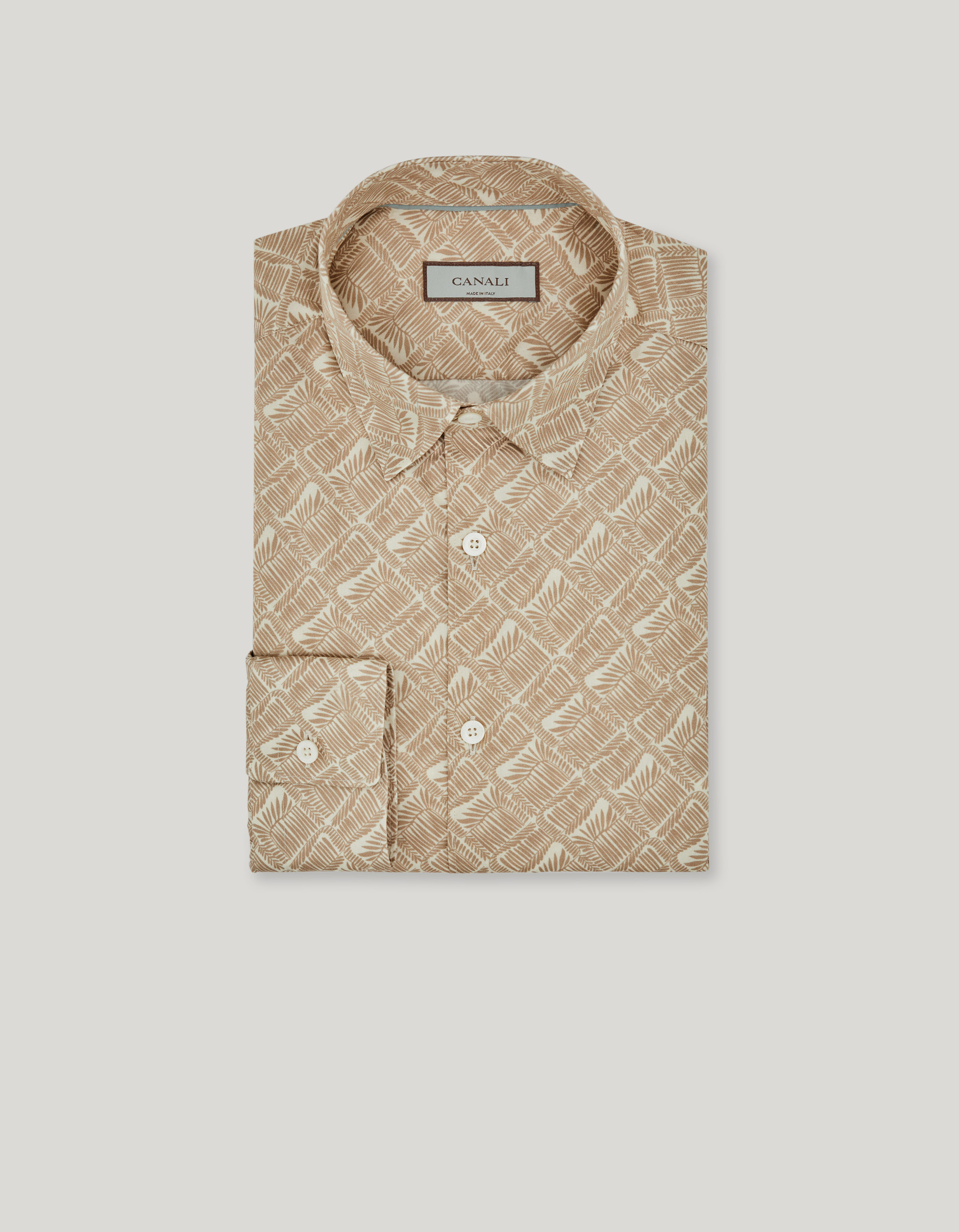 Casual regular fit shirt in printed beige and white cotton with botanical pattern 