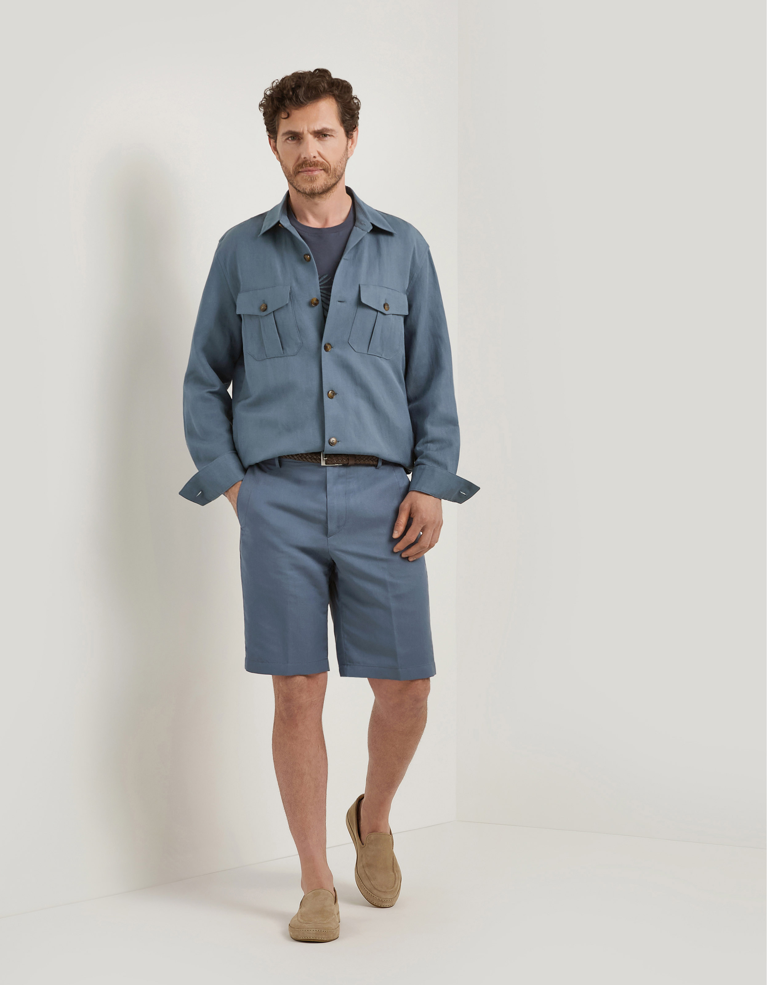 Air force blue linen and silk shirt jacket - Exclusive