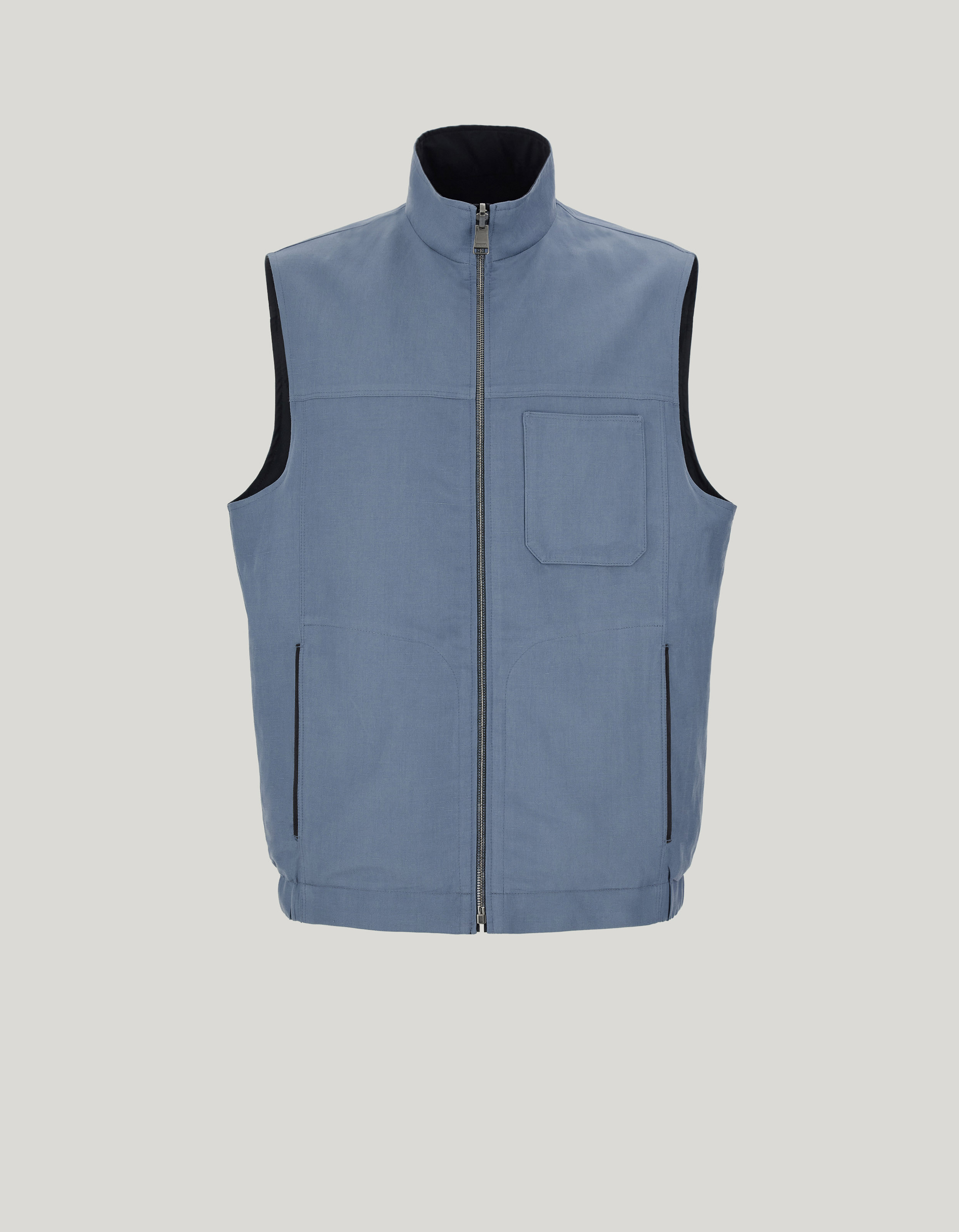 Blue-sugar paper reversible puffer gilet in linen and silk blend 
