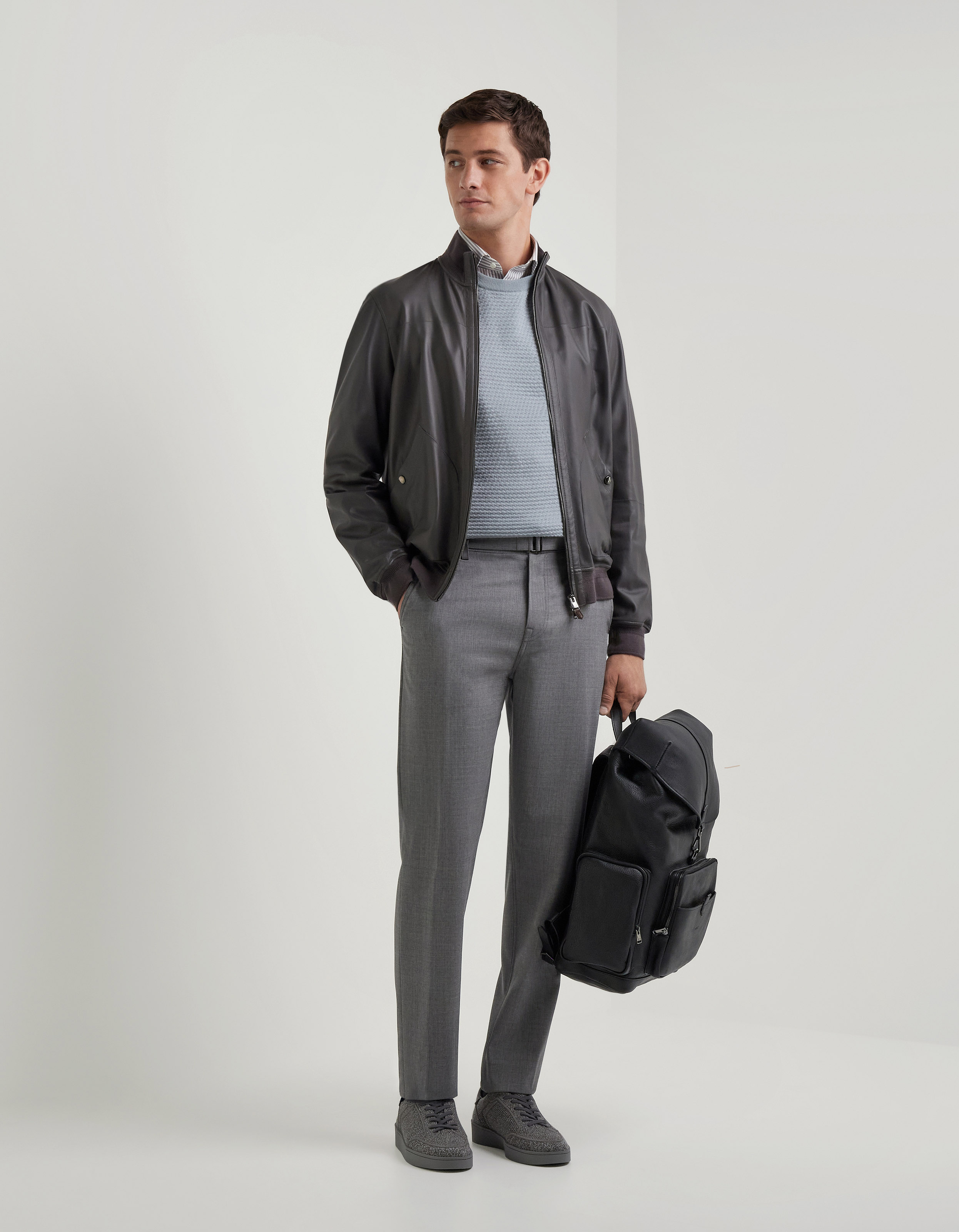 Gray melange bi-stretch wool carrot fit chinos with fabric belt