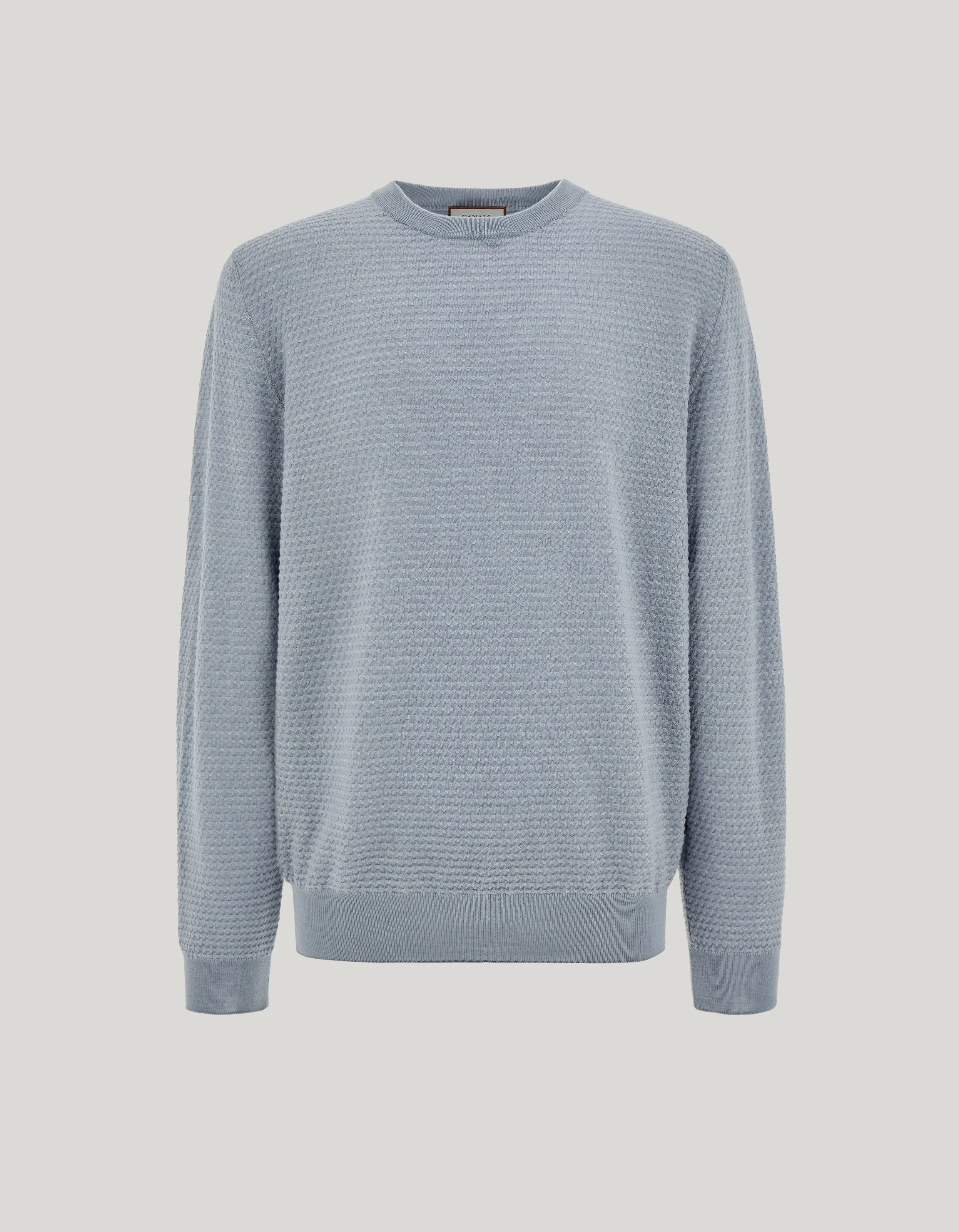 Two-toned all over micro jacquard zipper mock turtleneck in extra-fine merino wool. Brianza Green/gray tones 