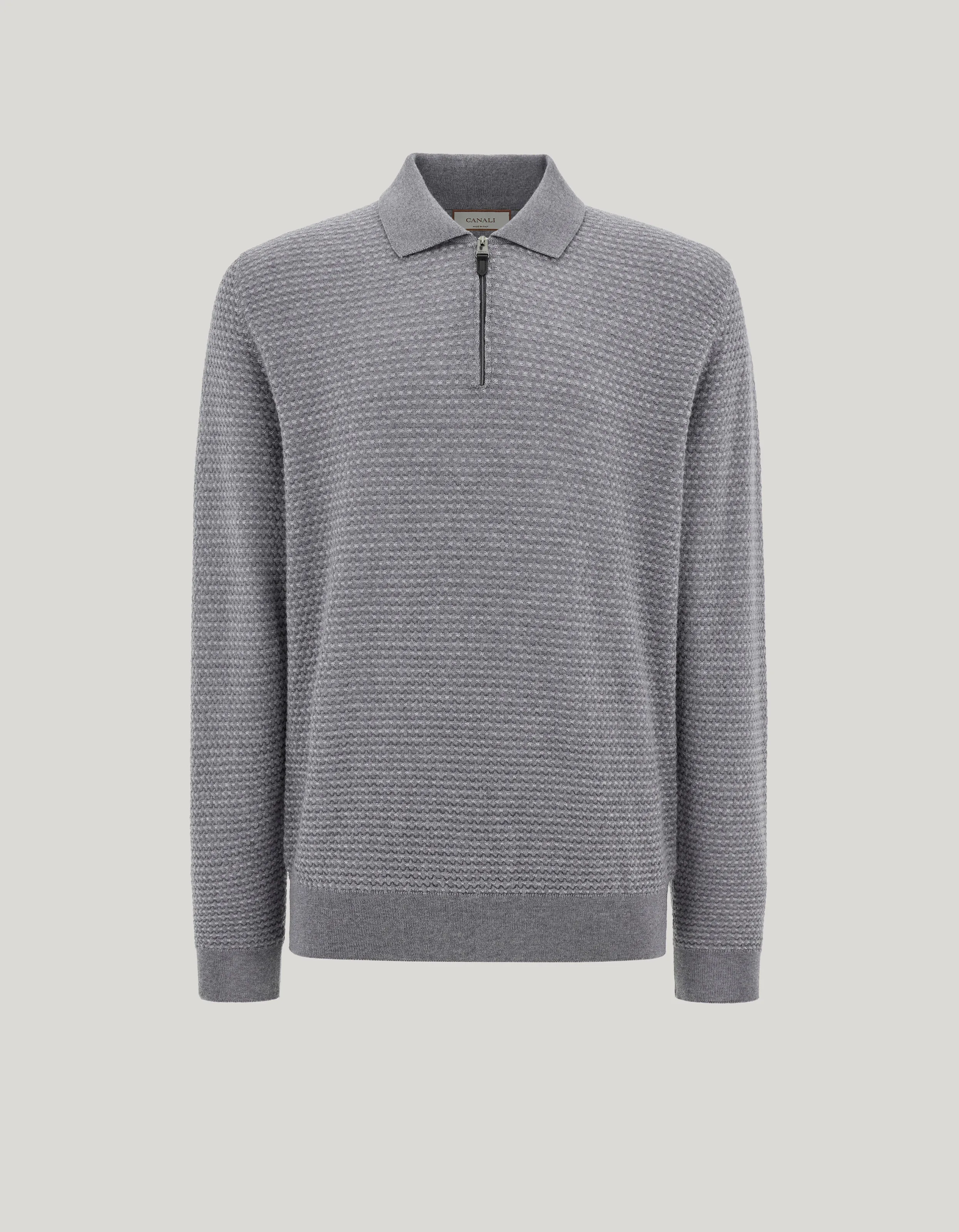Zip polo in light gray extrafine merino wool 