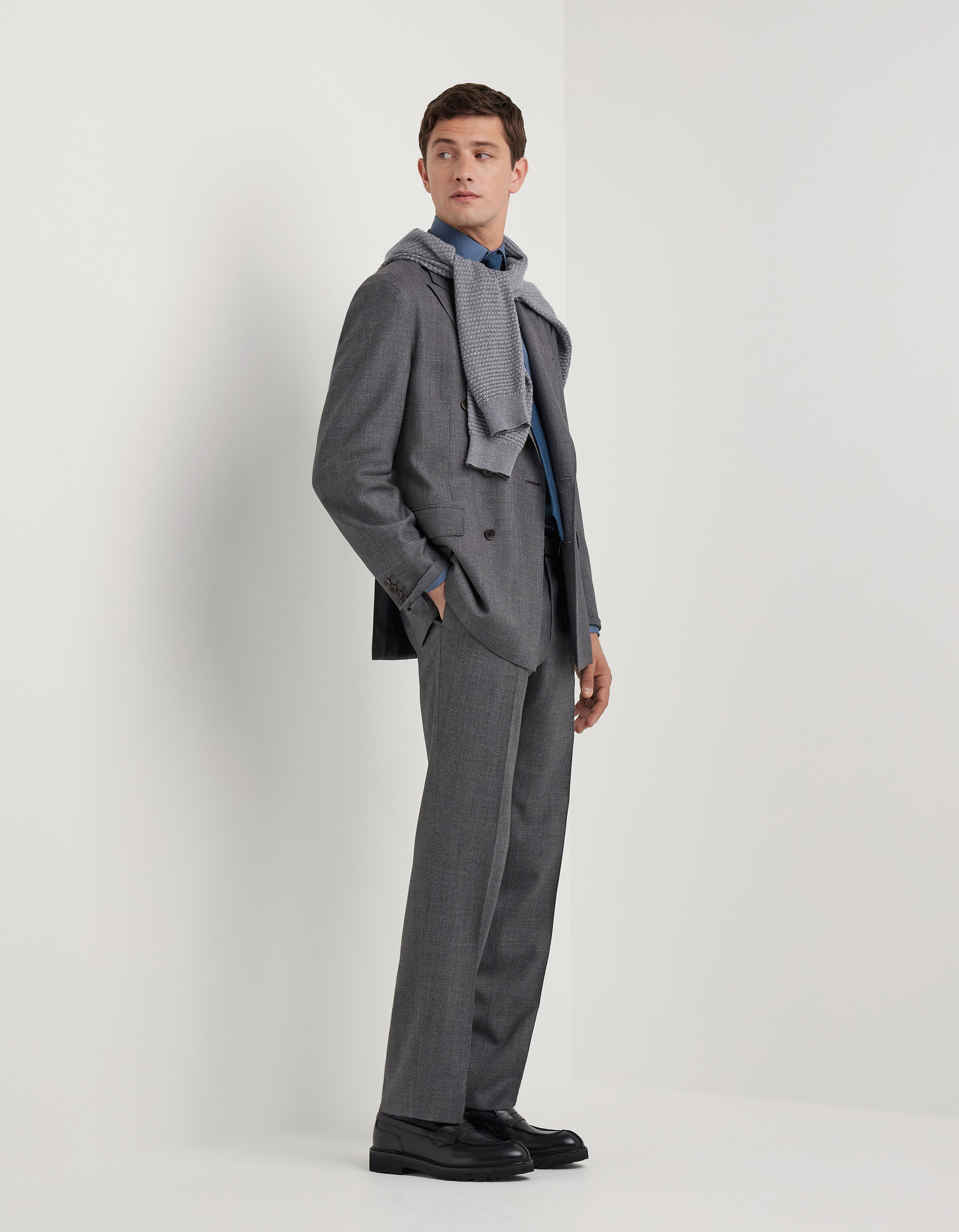 Zip polo in light gray extrafine merino wool