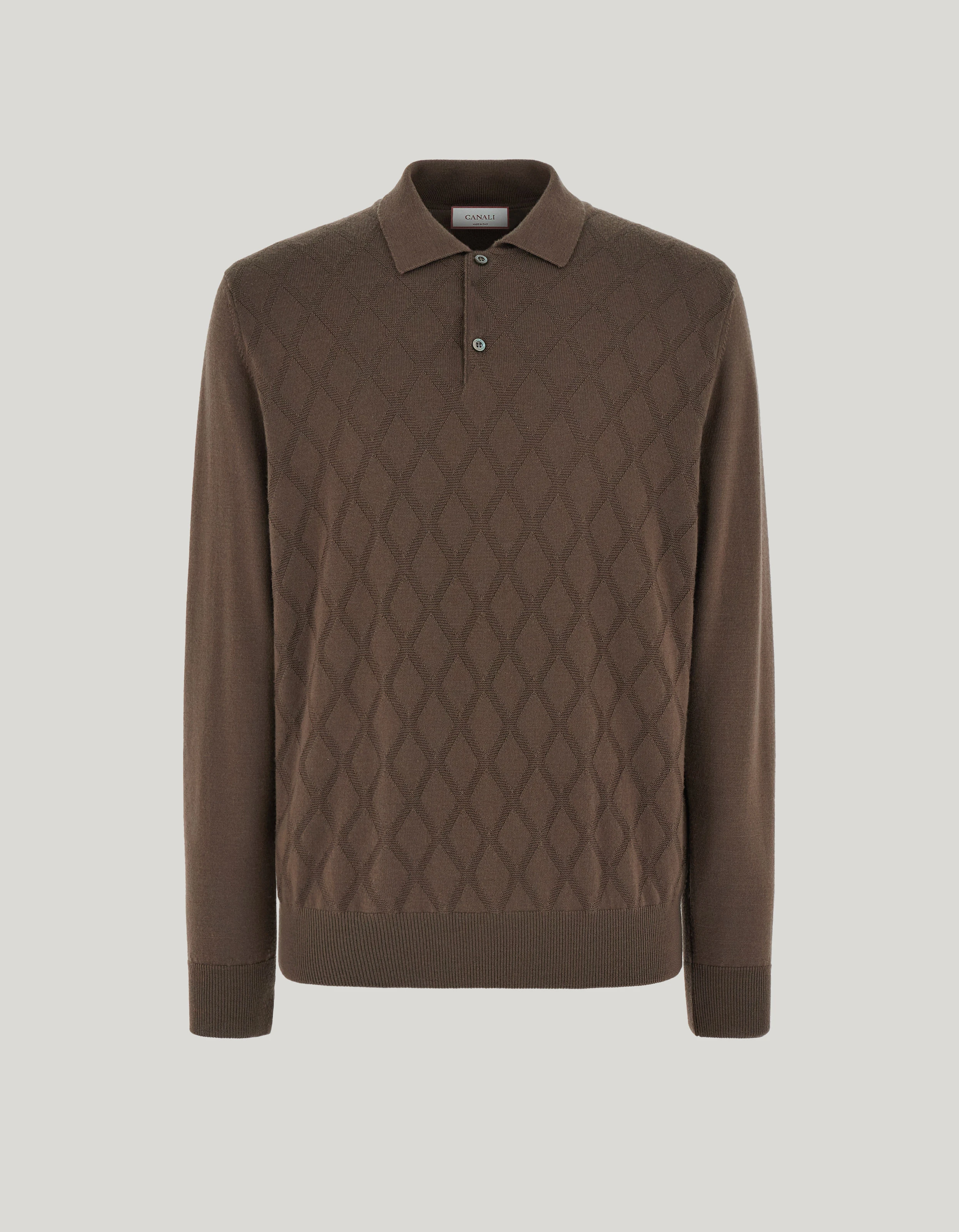 Walnut extrafine merino wool polo with diamond texture and faux patches 