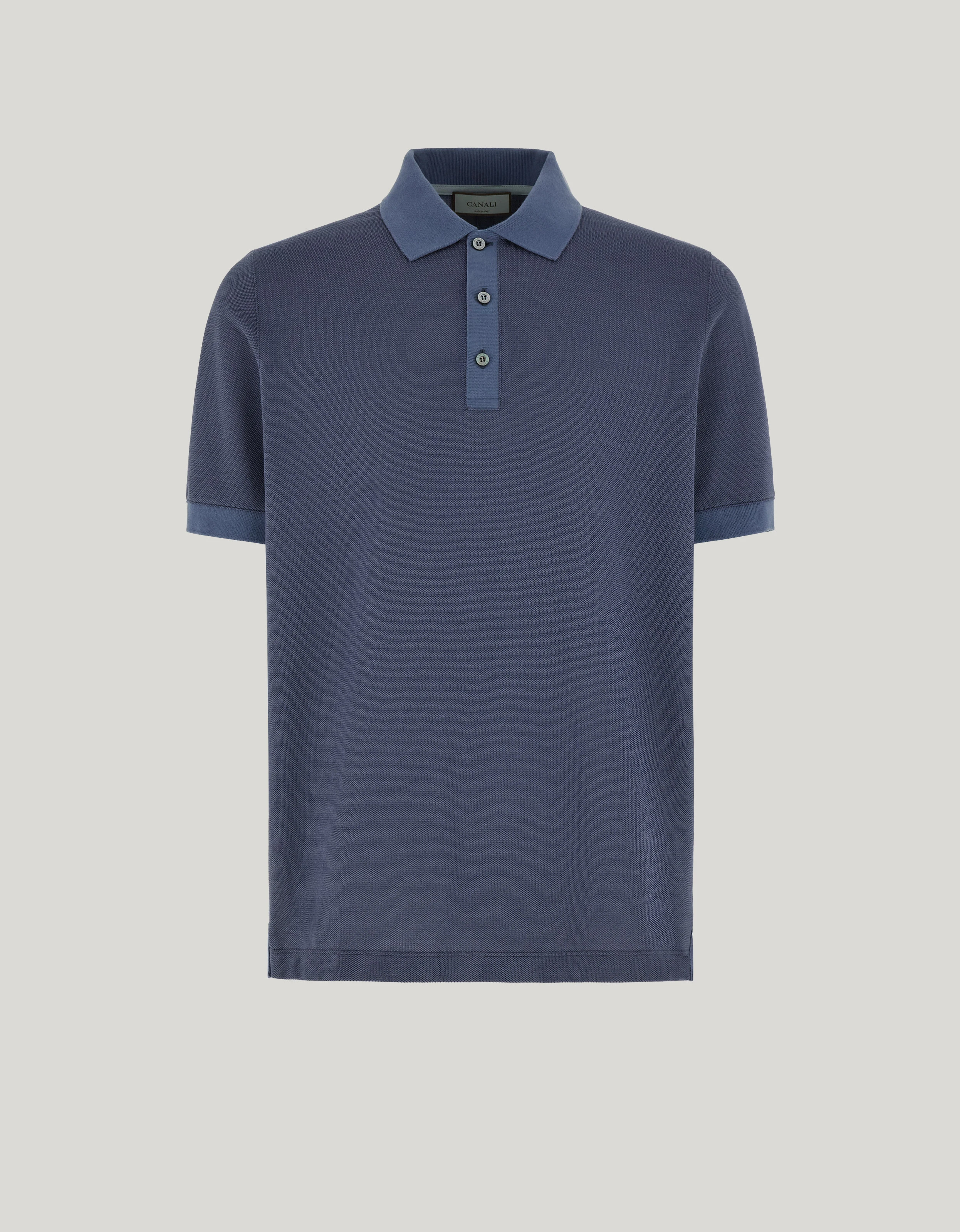 Short sleeve buttoned polo shirt in silk blend plain pique. Air force blue 