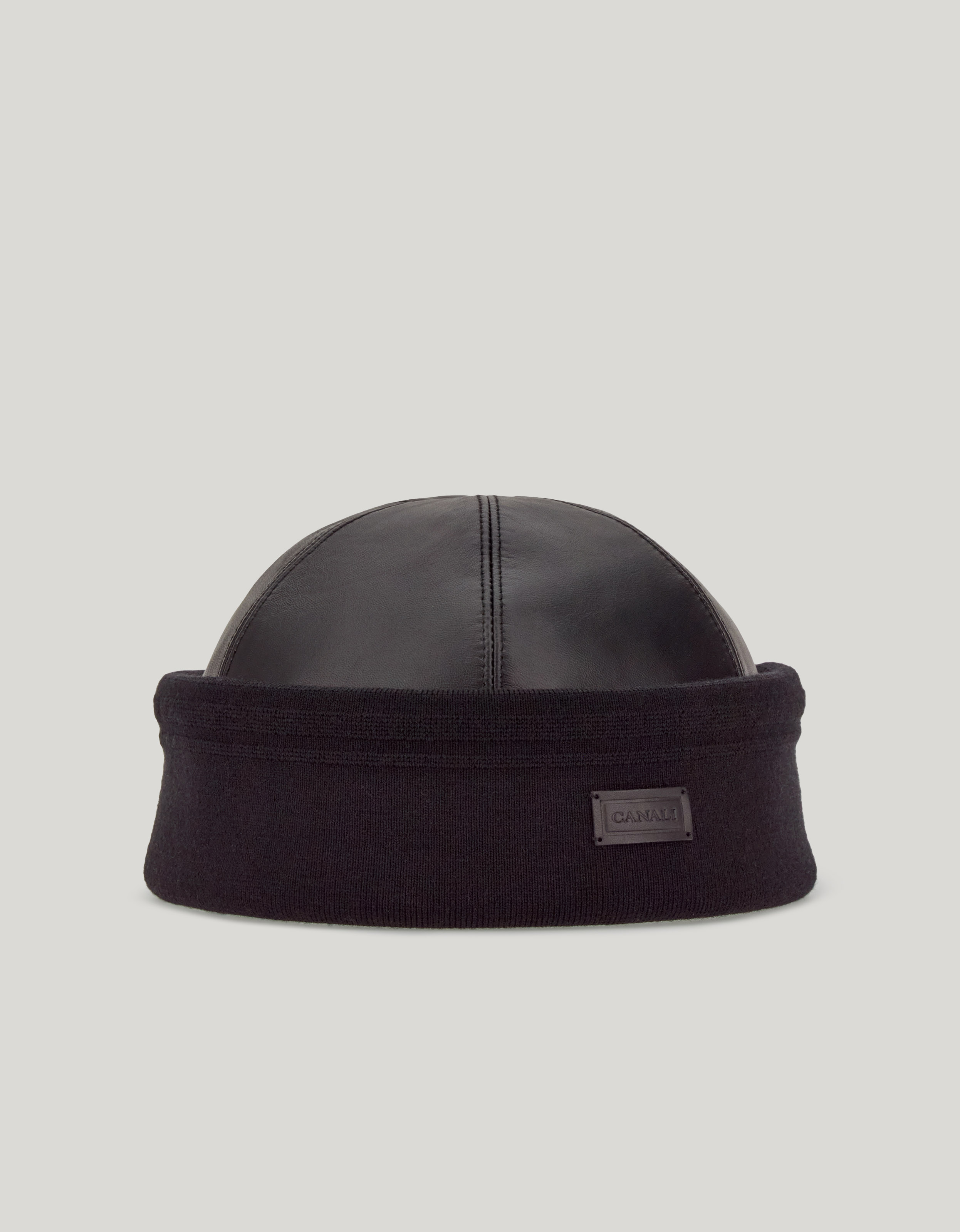 Black leather beanie with knit band and logo tag 