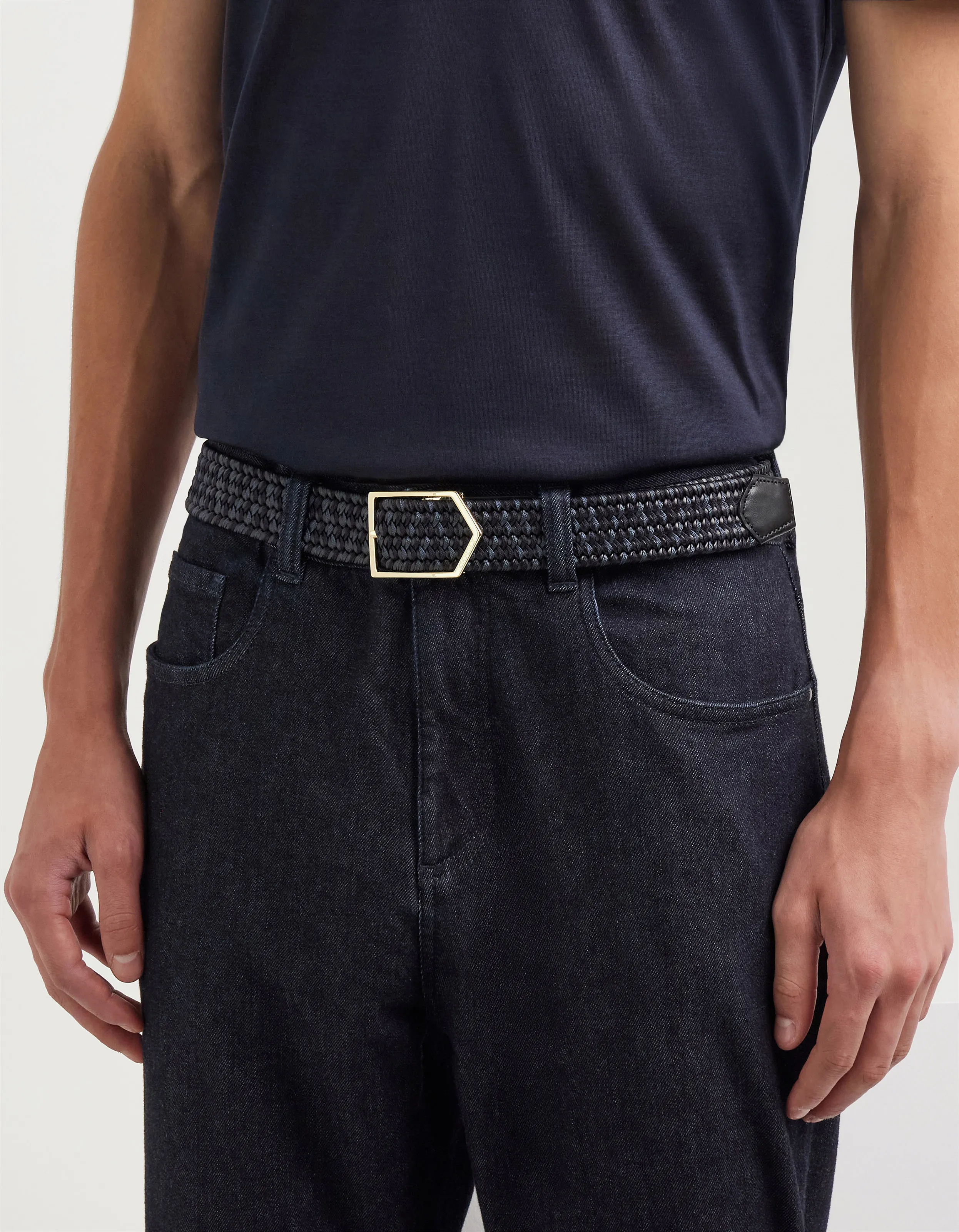 Black and blue regenerated leather braided belt with Canali buckle