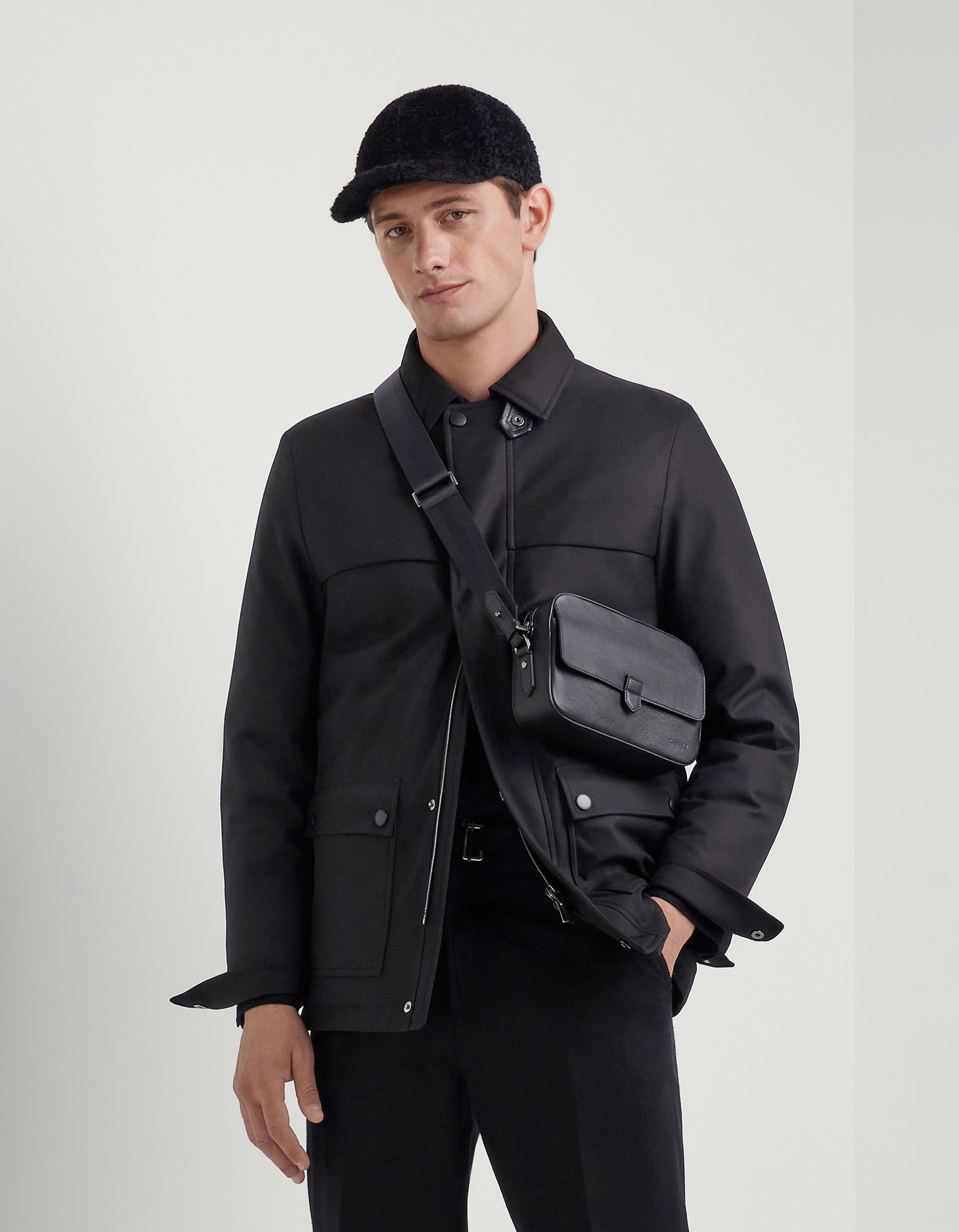 East West Camera Bag in black hammered calfskin