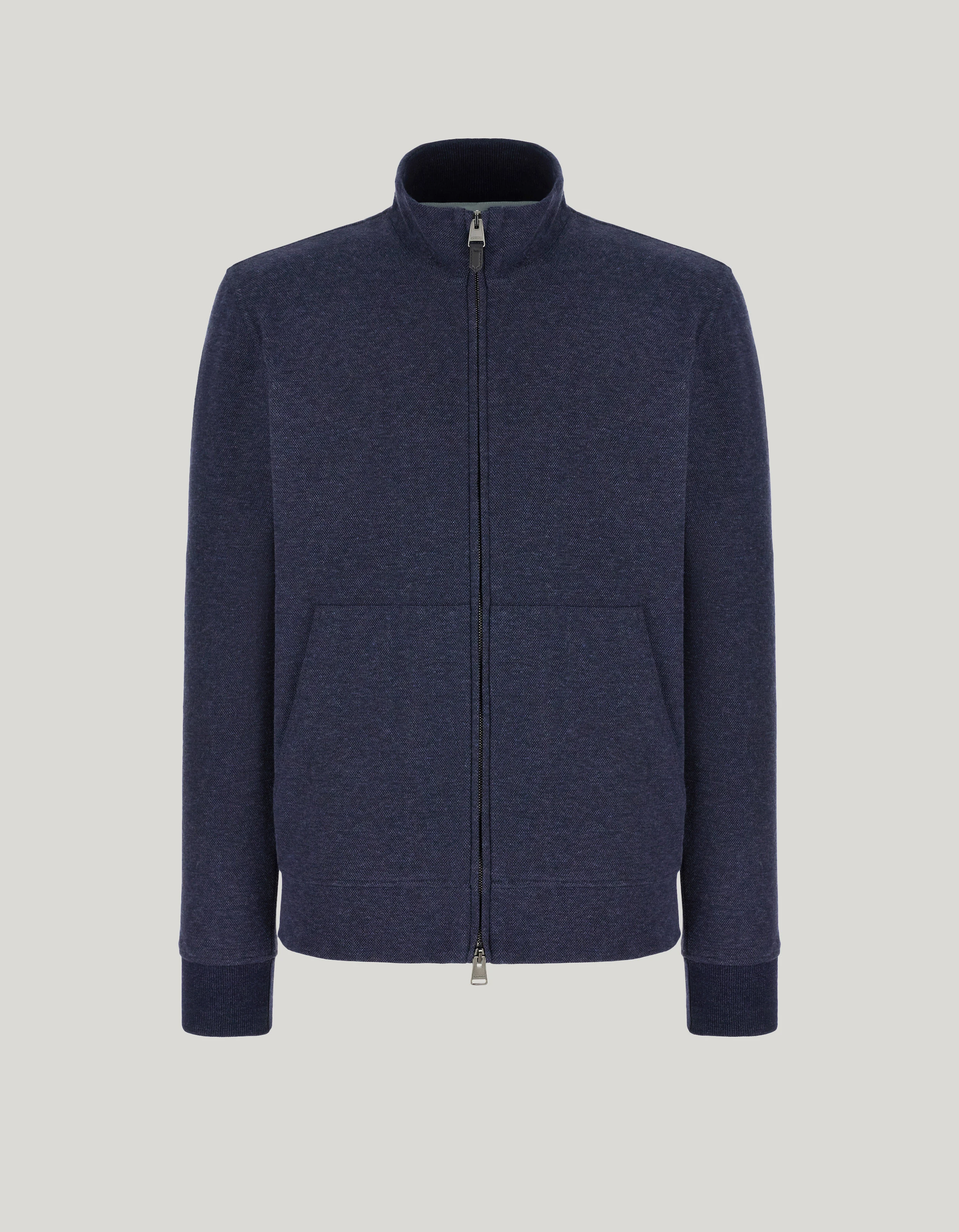 Full-zip sweatshirt in navy double-face cotton with mock neck 