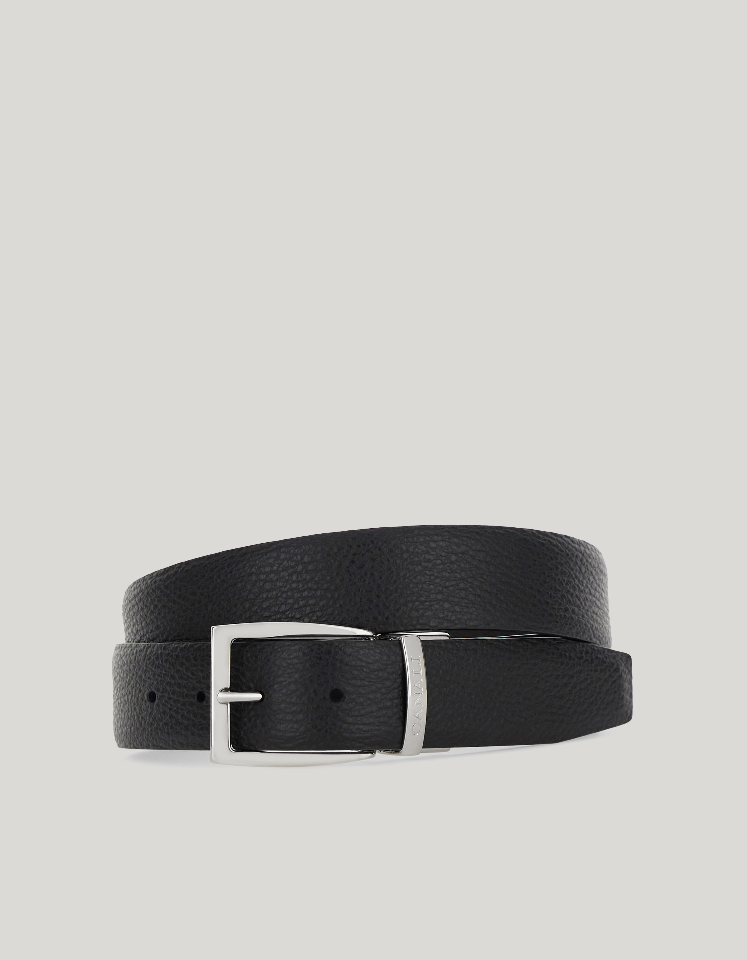 Reversible belt in black grained and smooth calfskin 