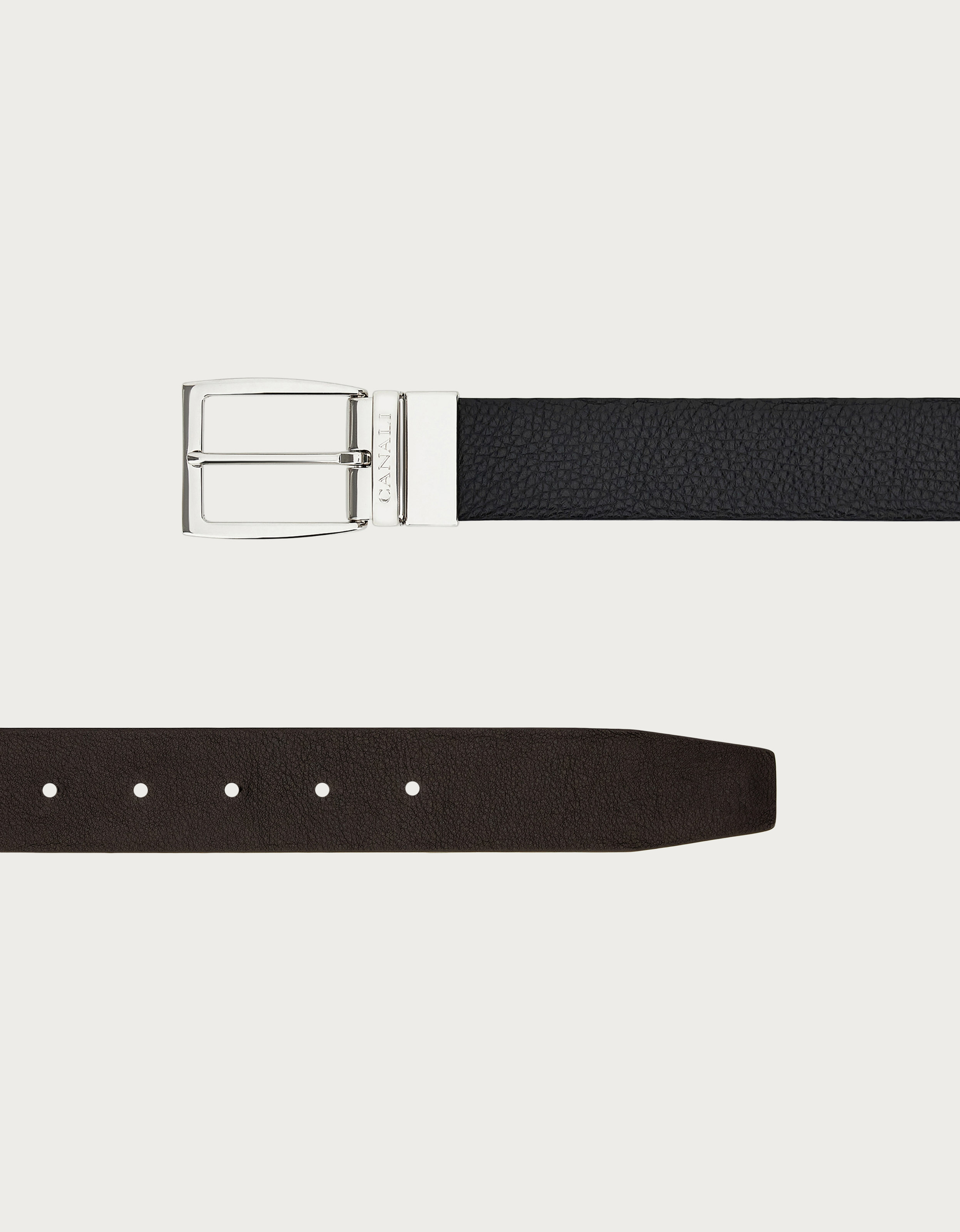 Reversible belt in black grained and smooth calfskin