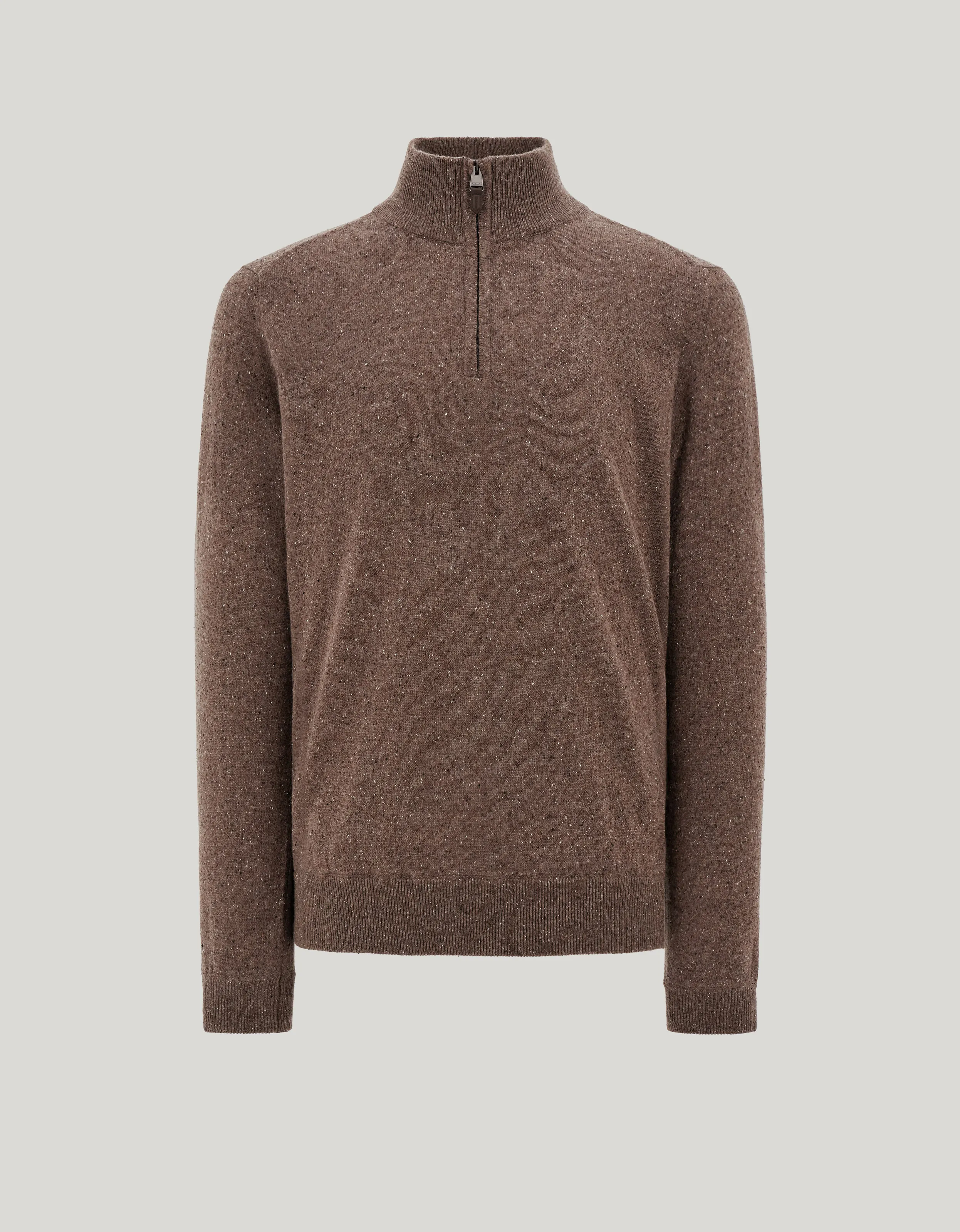 Light brown mock neck in a wool, viscose, and silk blend with zipper 
