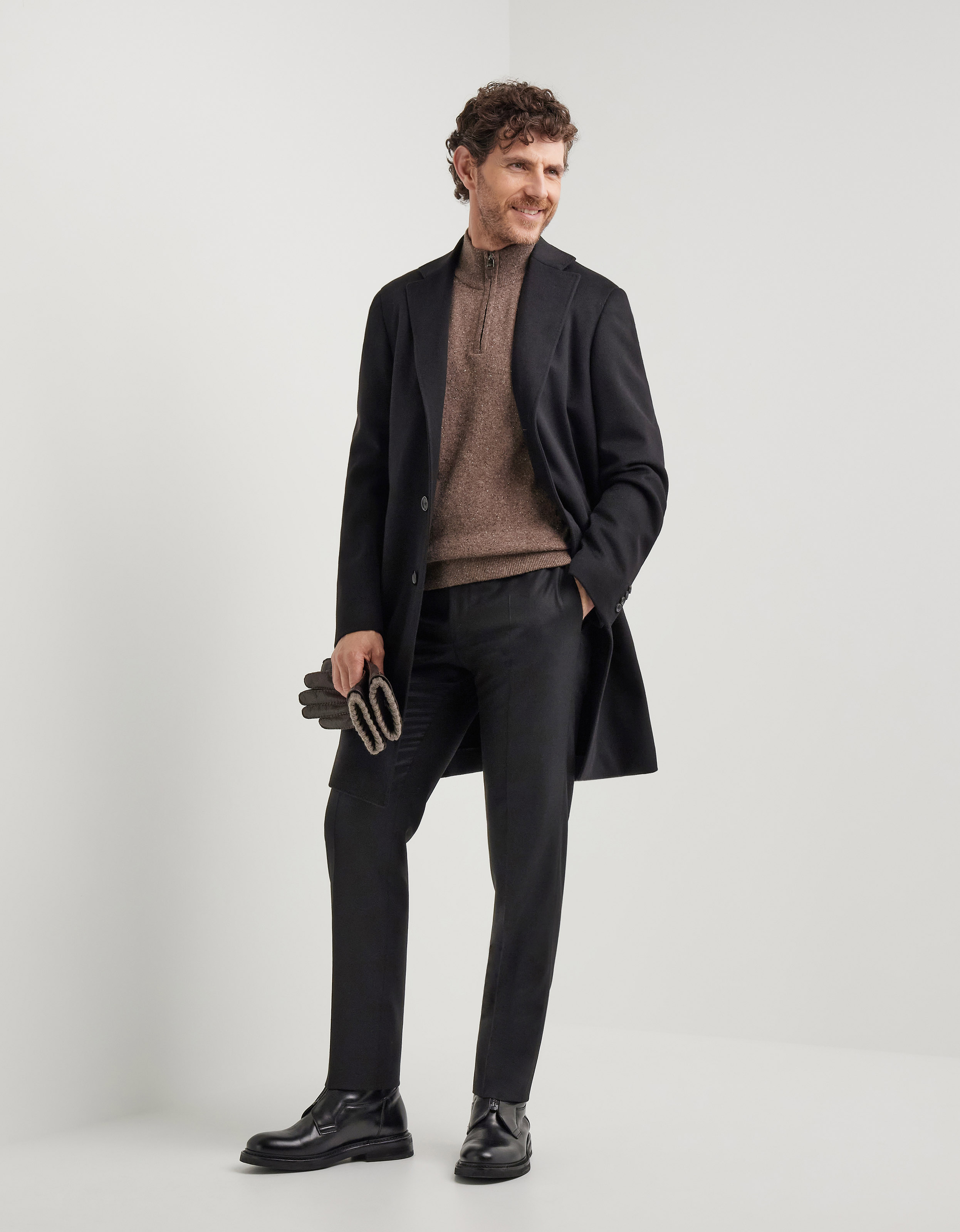 Light brown mock neck in a wool, viscose, and silk blend with zipper