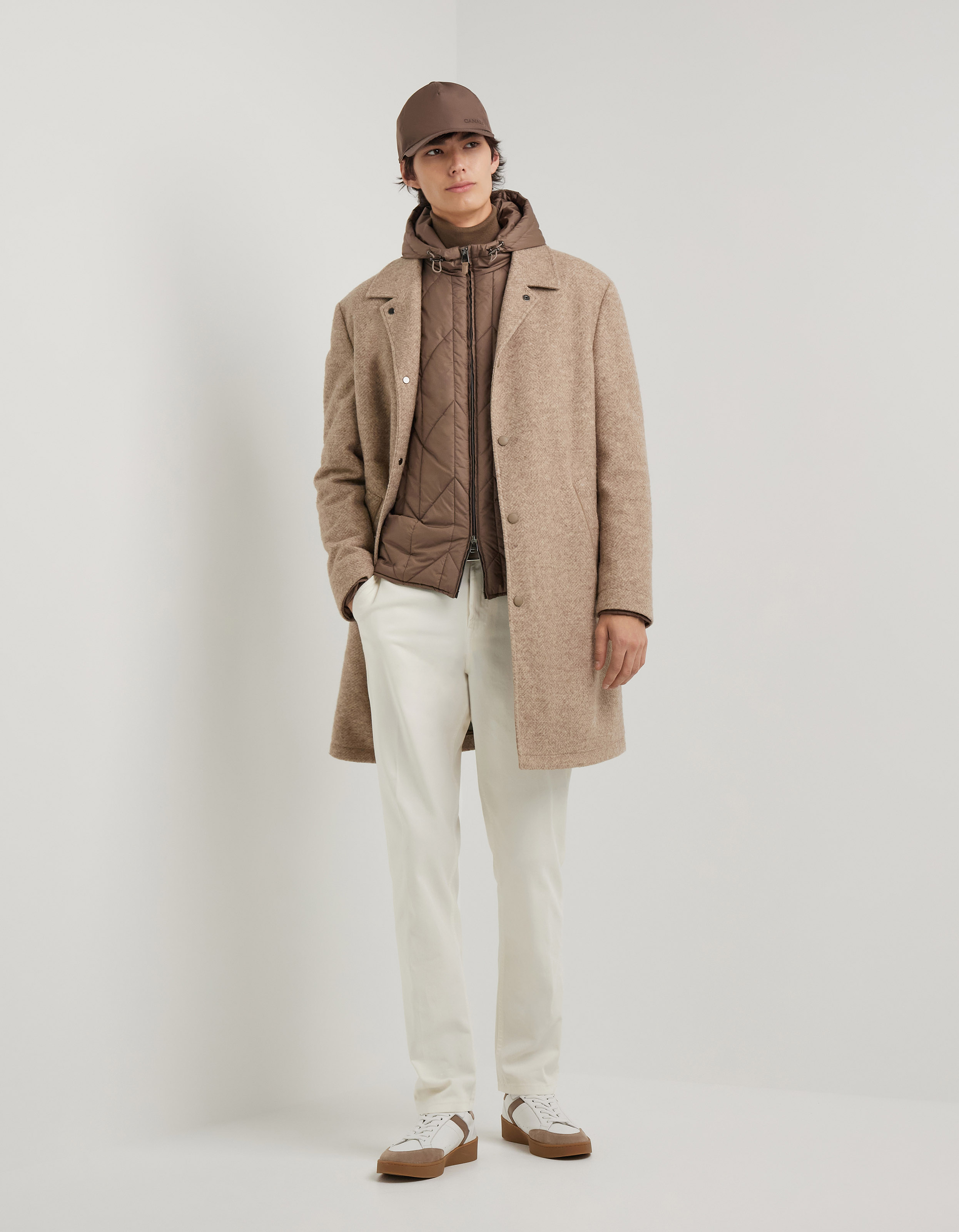 3-in-1 wool blend motif car coat in beige melange