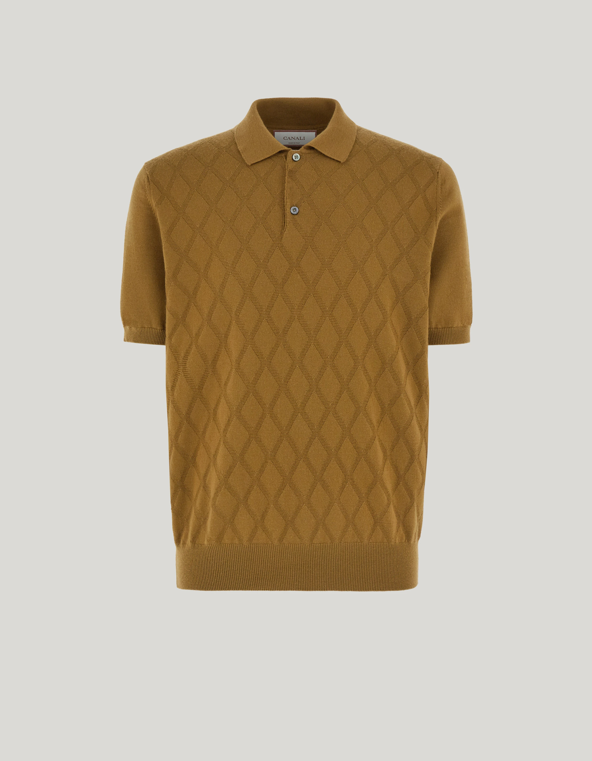 Short-sleeve mustard merino wool polo with diamond texture 