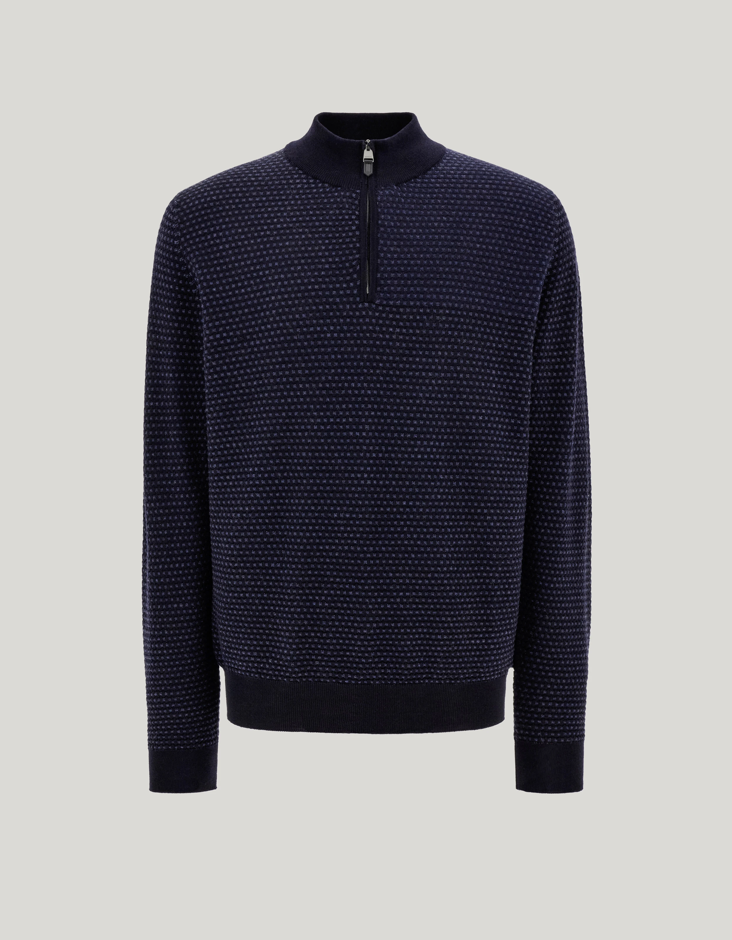Two-toned all over micro jacquard zippered mock turtleneck in extra-fine merino wool. Blue tones 