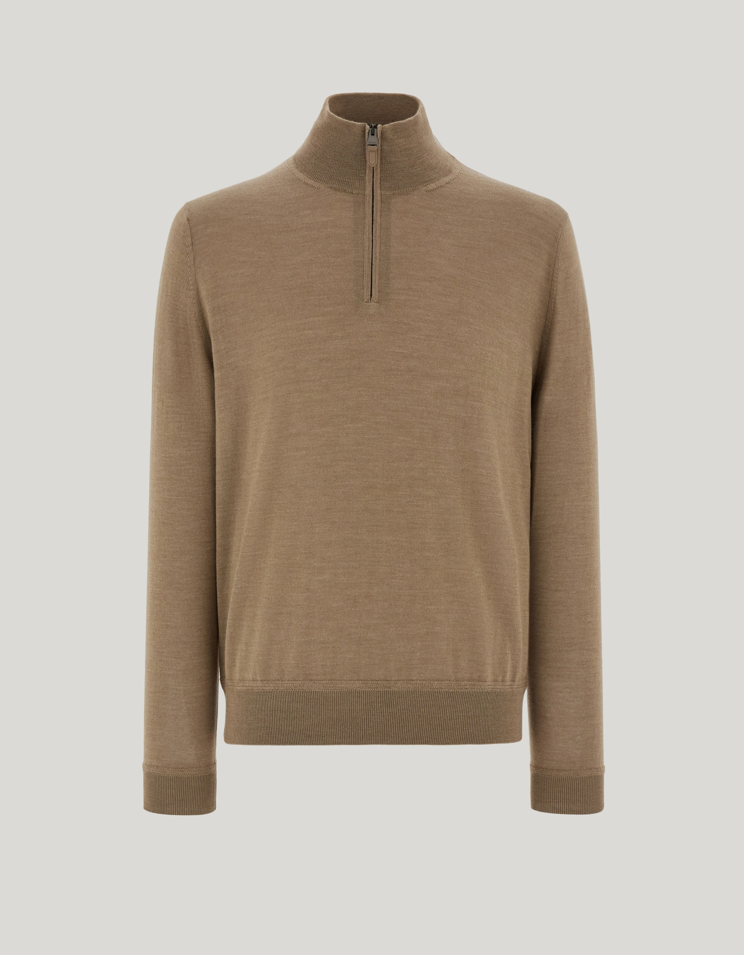 Hazelnut mock-neck in wool, silk and cashmere blend with zip 