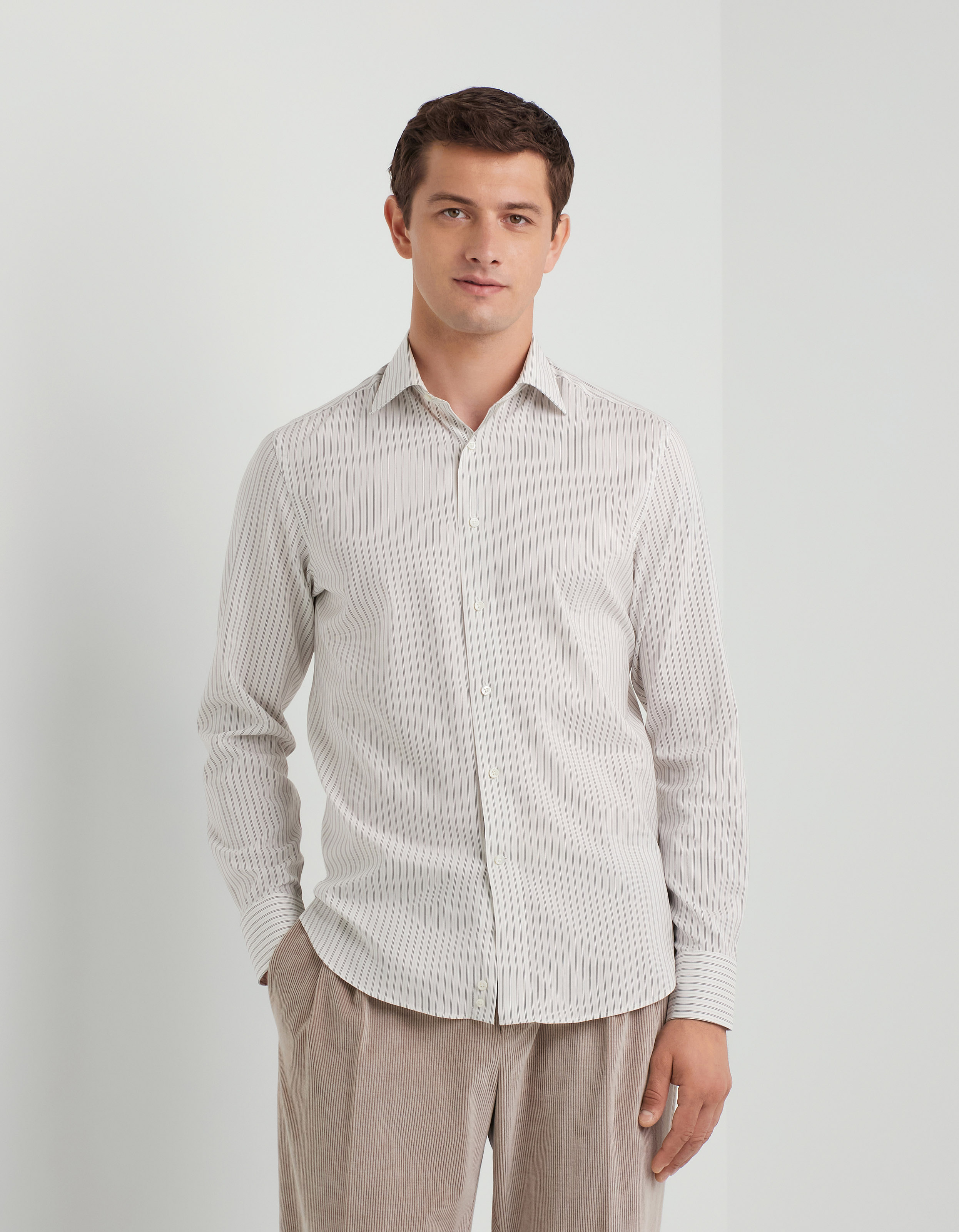 Regular fit shirt in white and gray cotton-silk blend