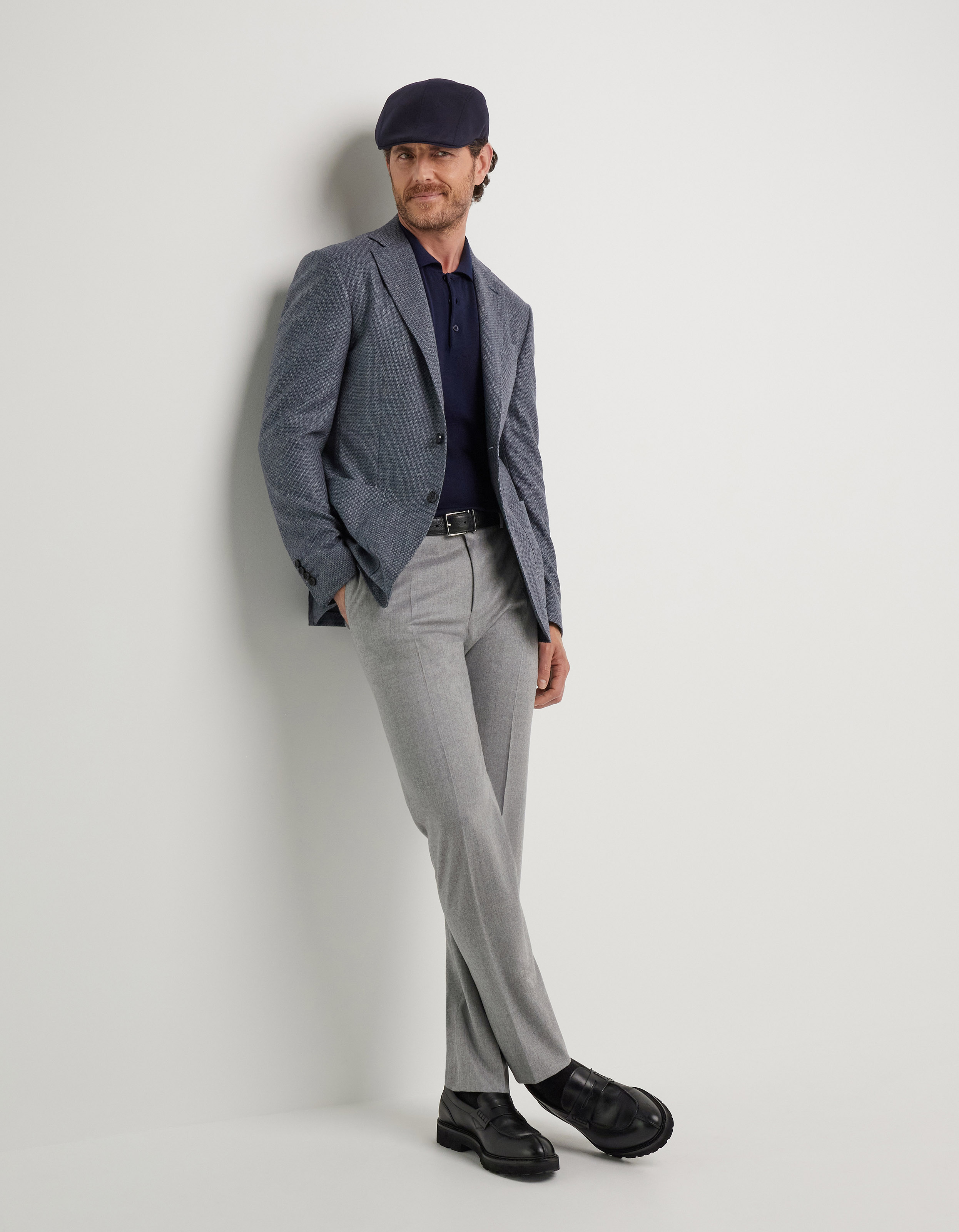 Light grey high-waist flat-front trousers in wool