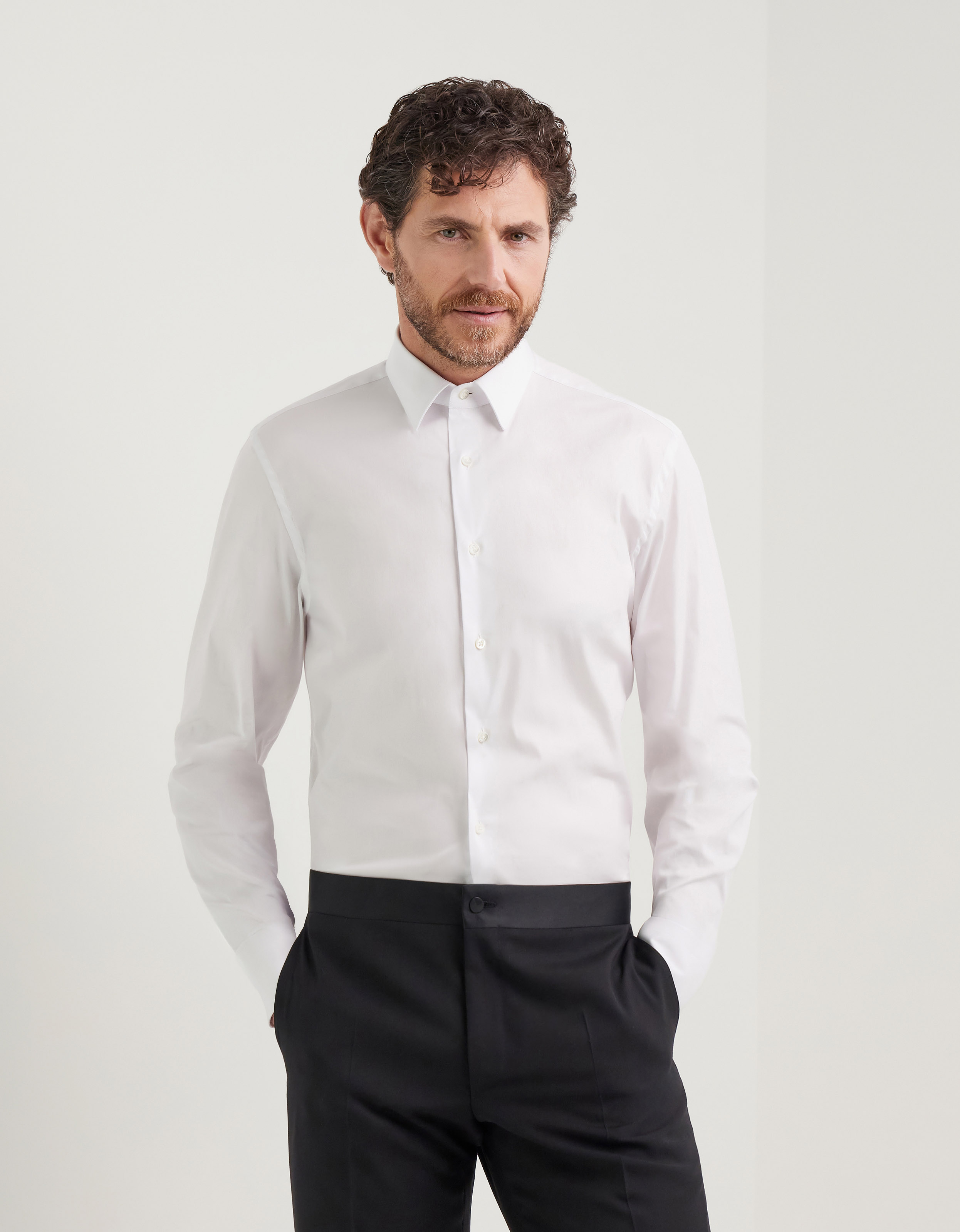 White stretch cotton-blend shirt with pointed collar