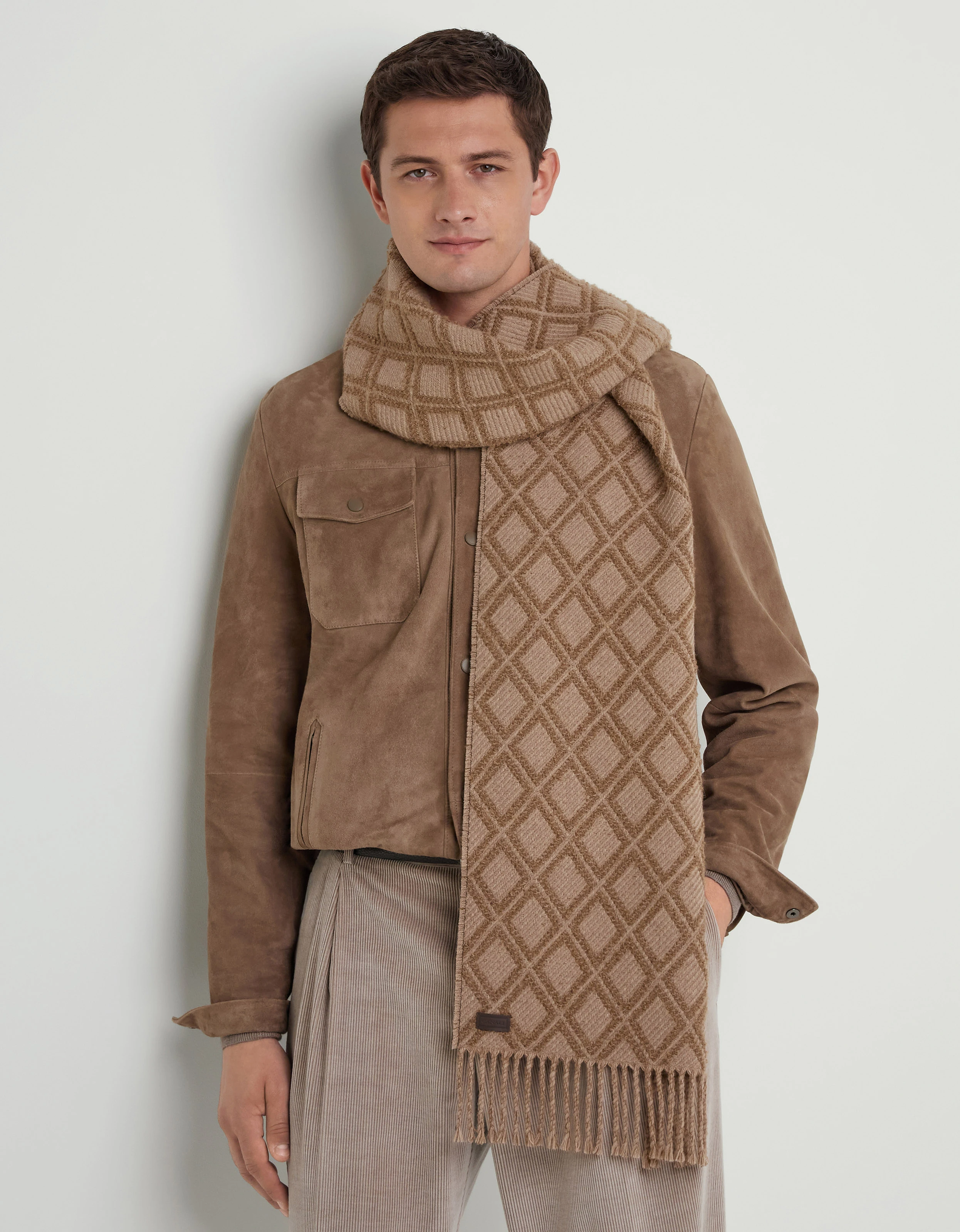Beige bouclé scarf with check pattern