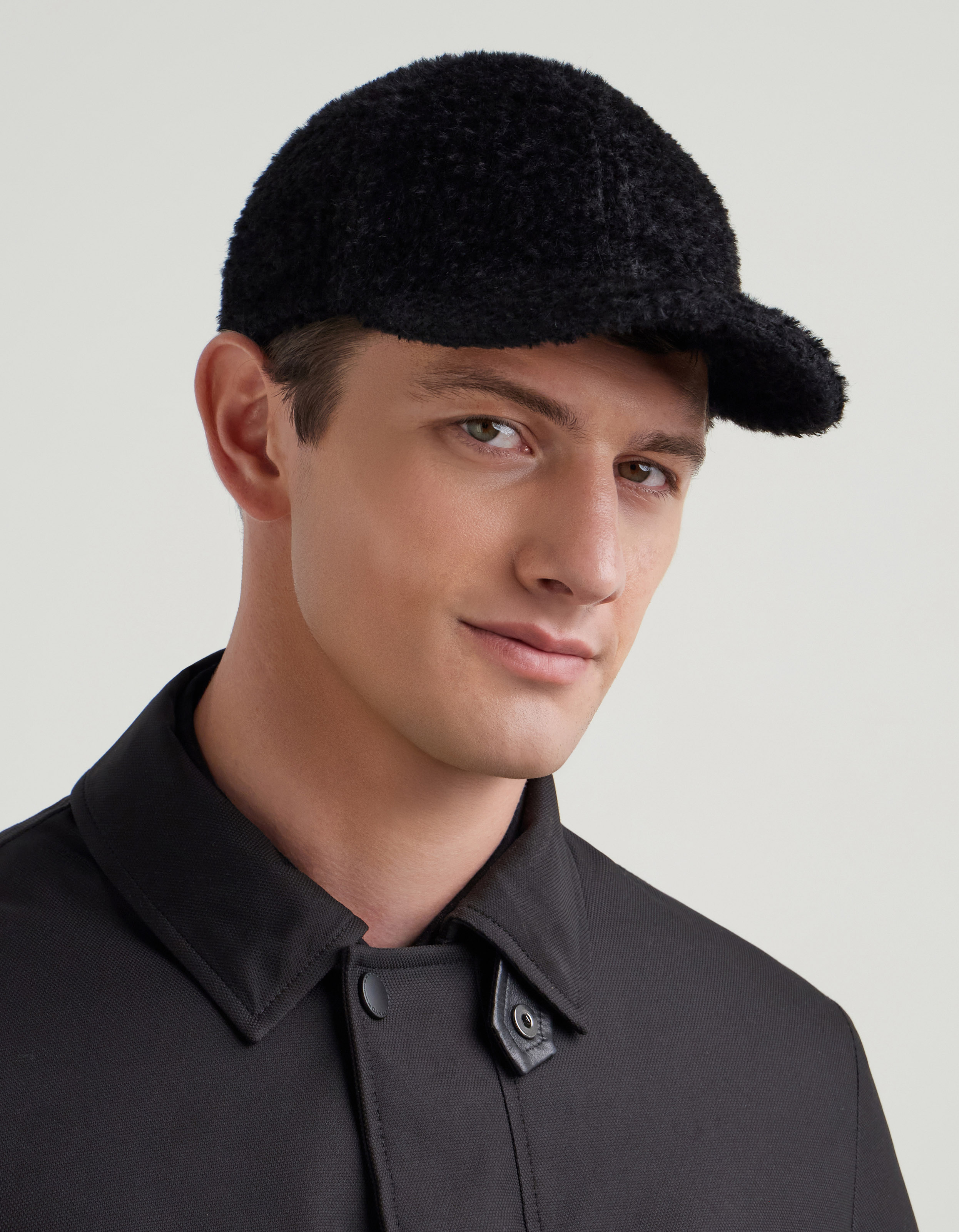Black wool/alpaca blend baseball cap with adjustable leather closure