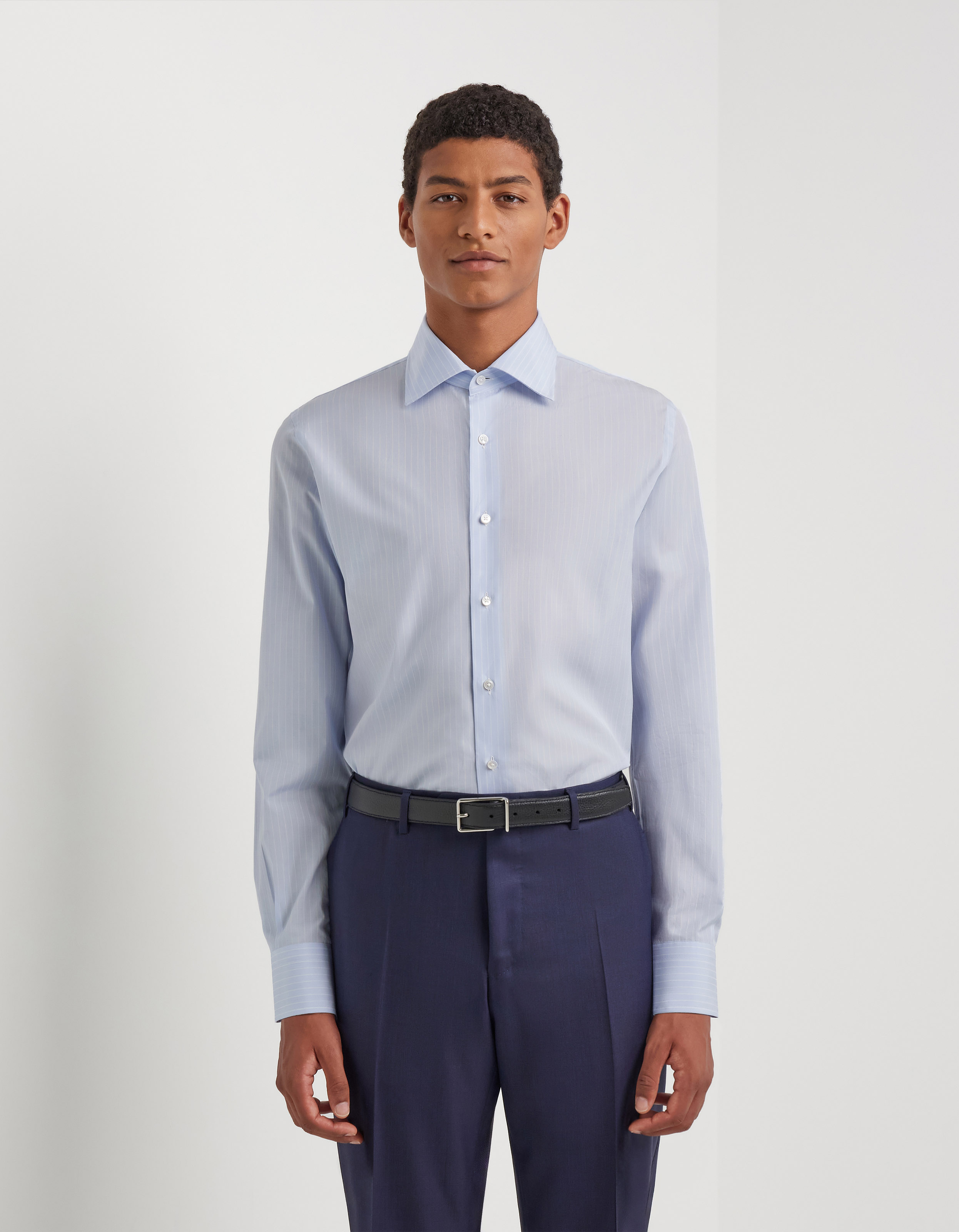 Light blue and white cotton shirt with mother-of-pearl buttons