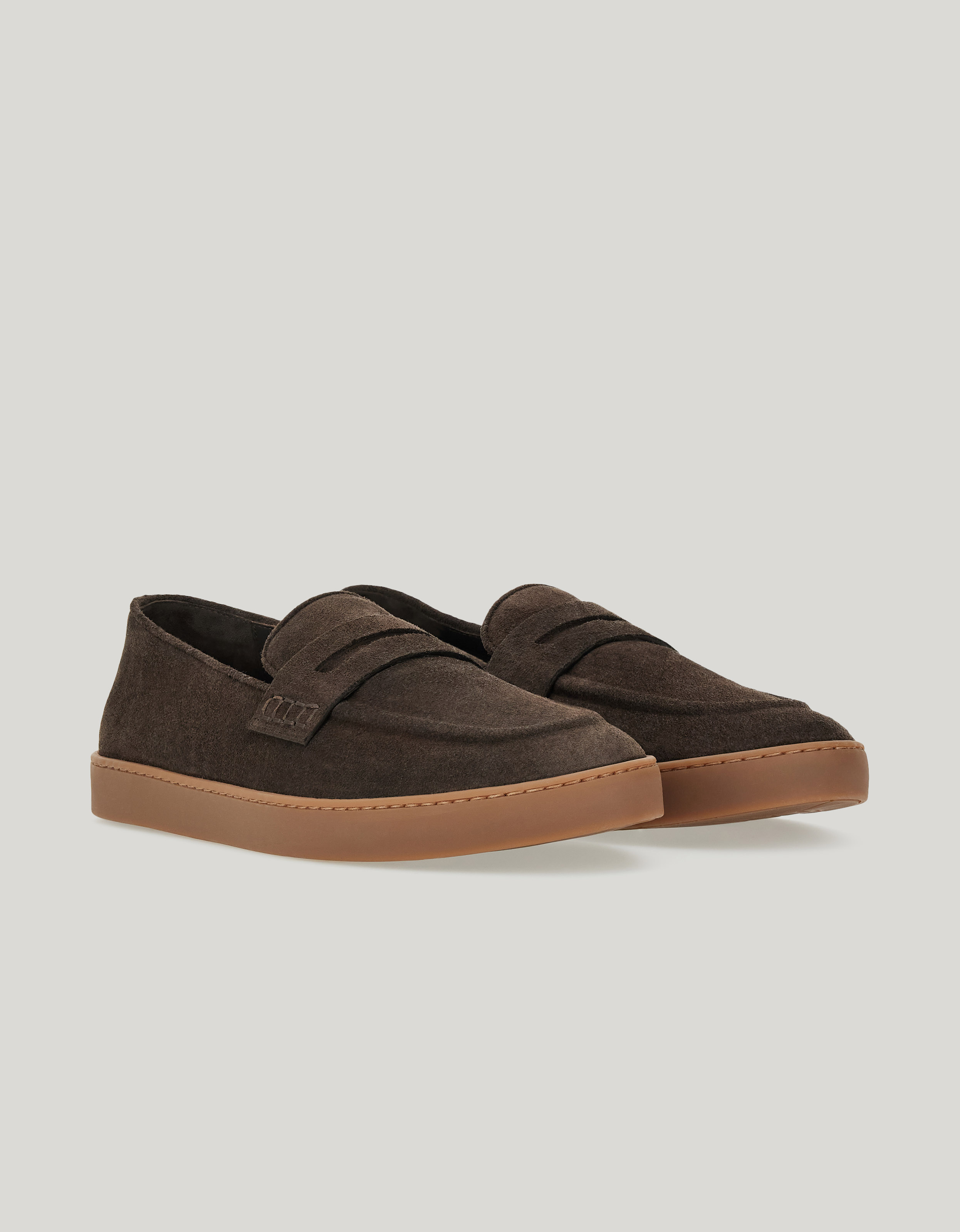 Dark brown suede penny loafer with double-effect finish 