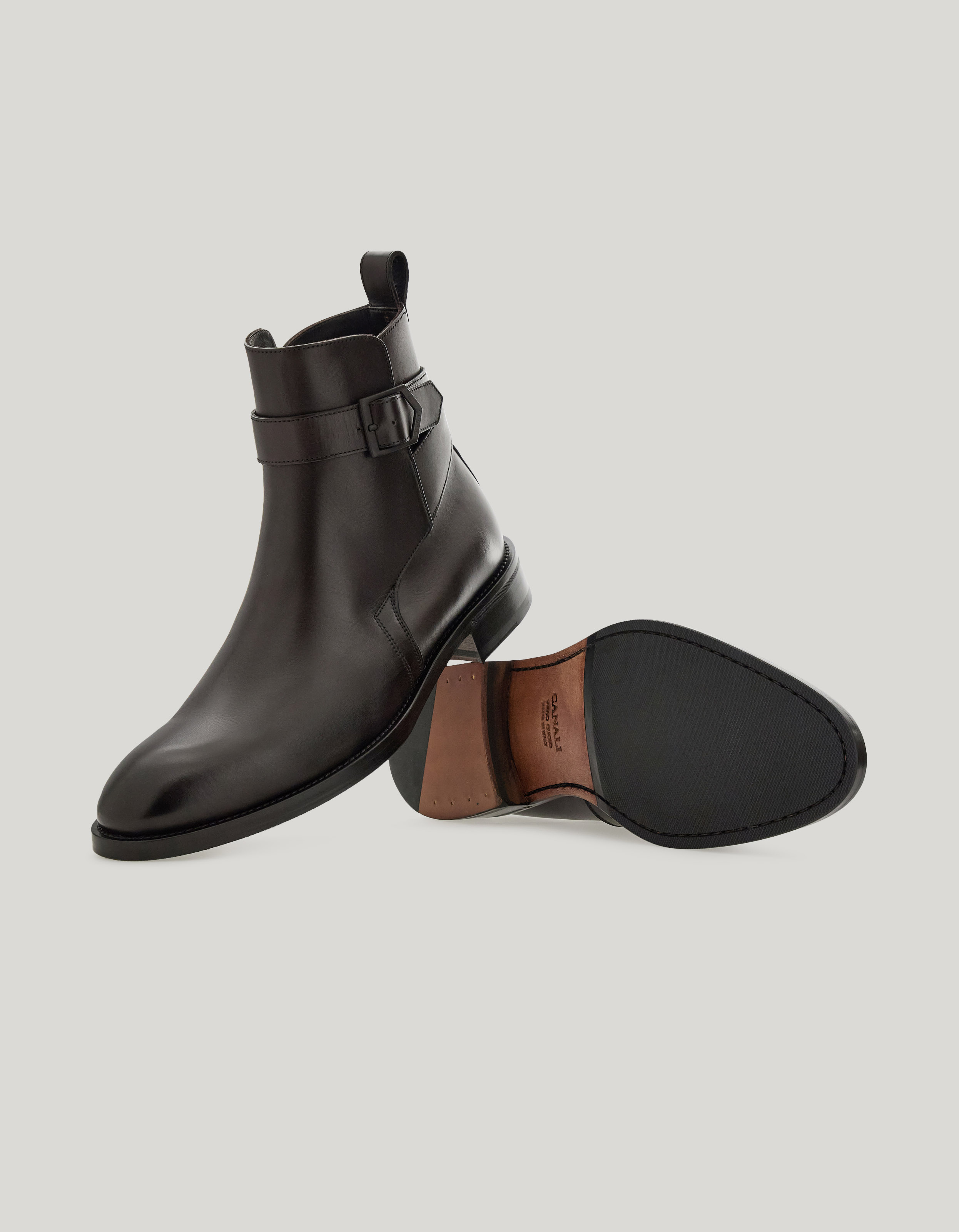 Dark brown smooth calfskin ankle boot with iconic Canali buckle