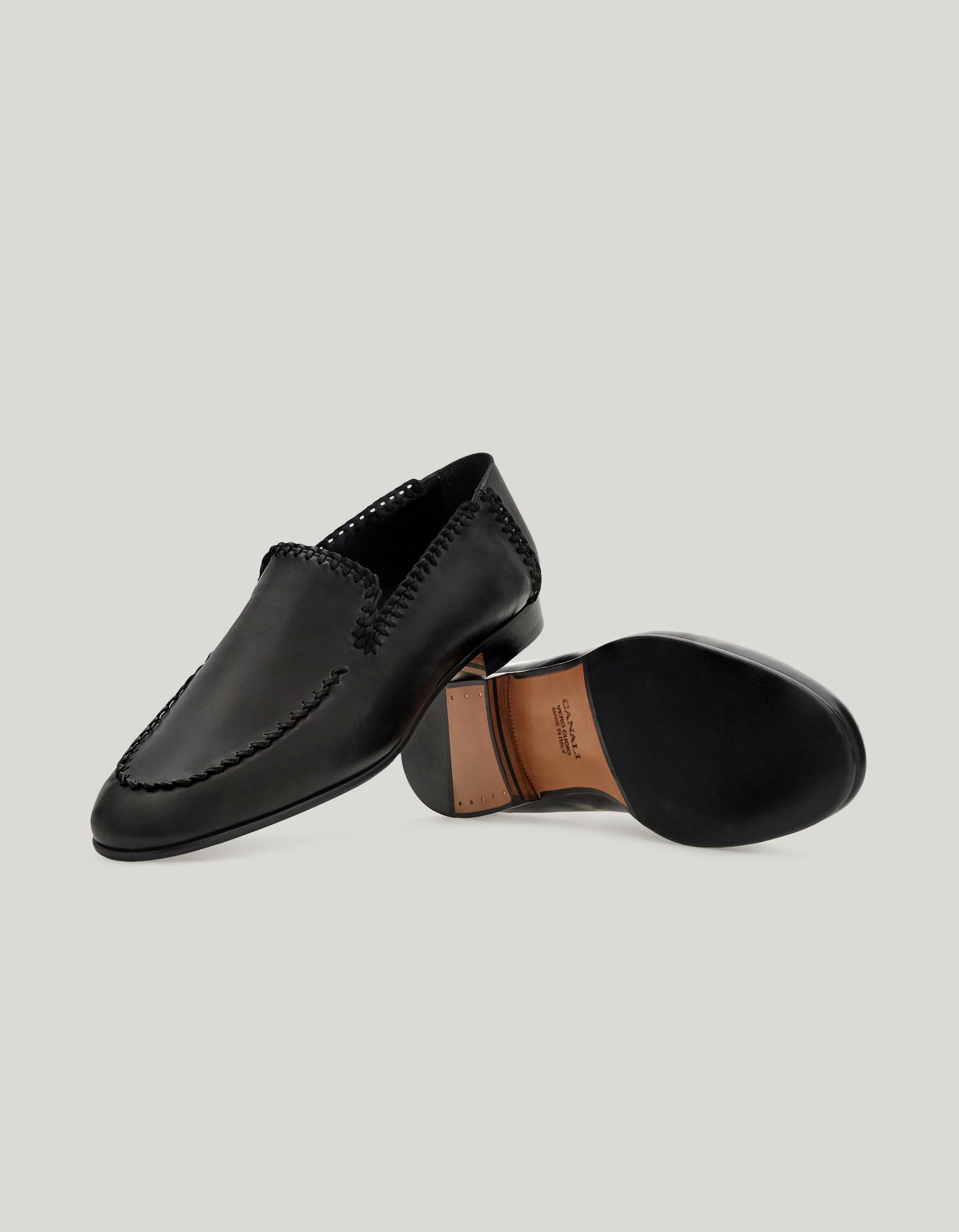 Black calfskin and suede slip-on with leather/rubber sole