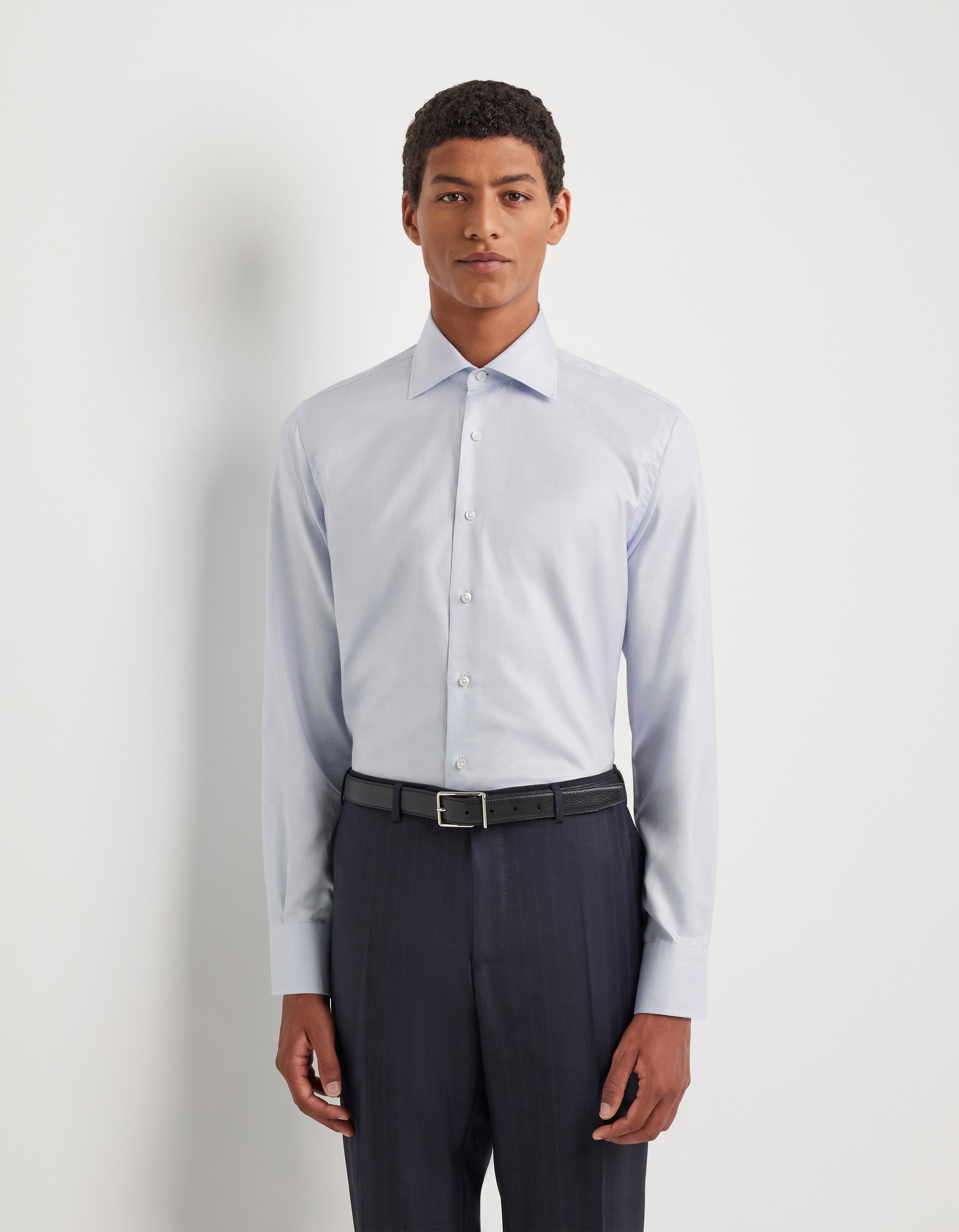 Light blue shirt in micro-patterned cotton with mother-of-pearl buttons