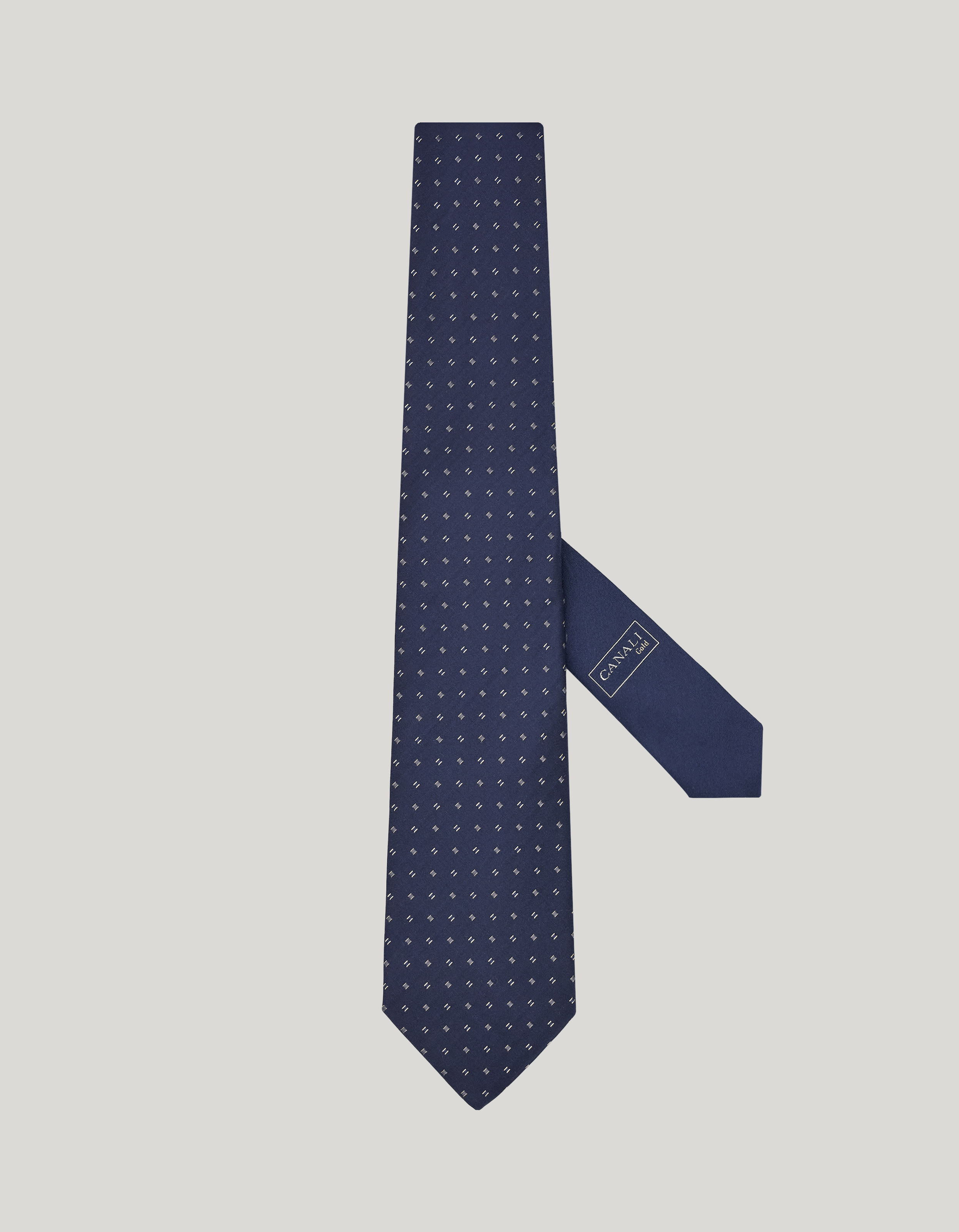Blue silk tie, pattern and logo jacquard with gold thread 