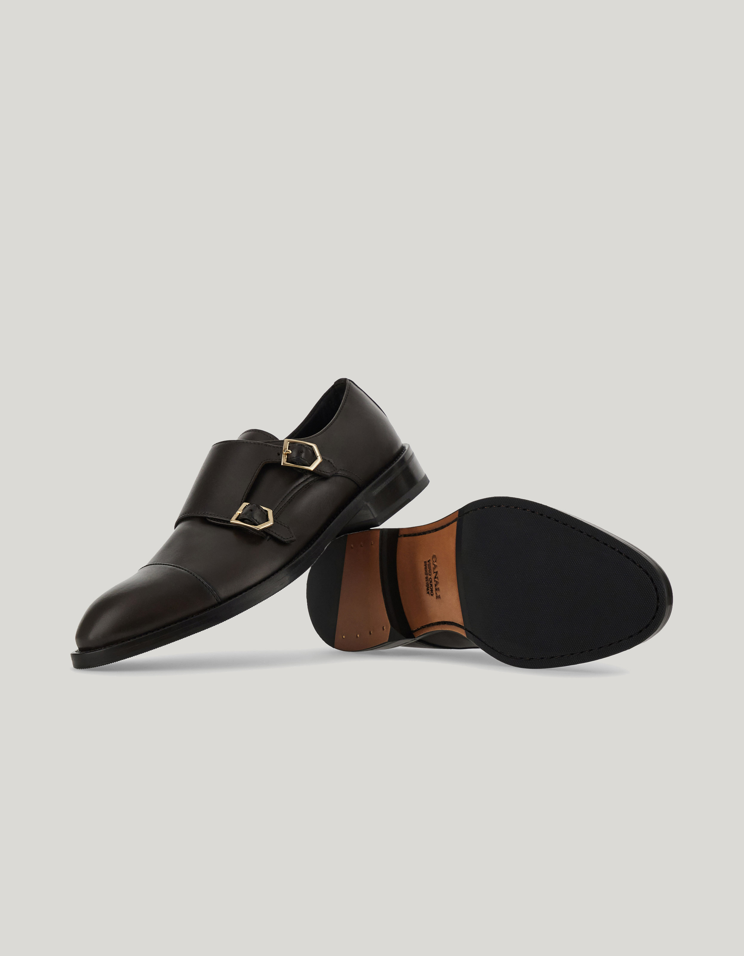Monk straps in dark brown padded calfskin