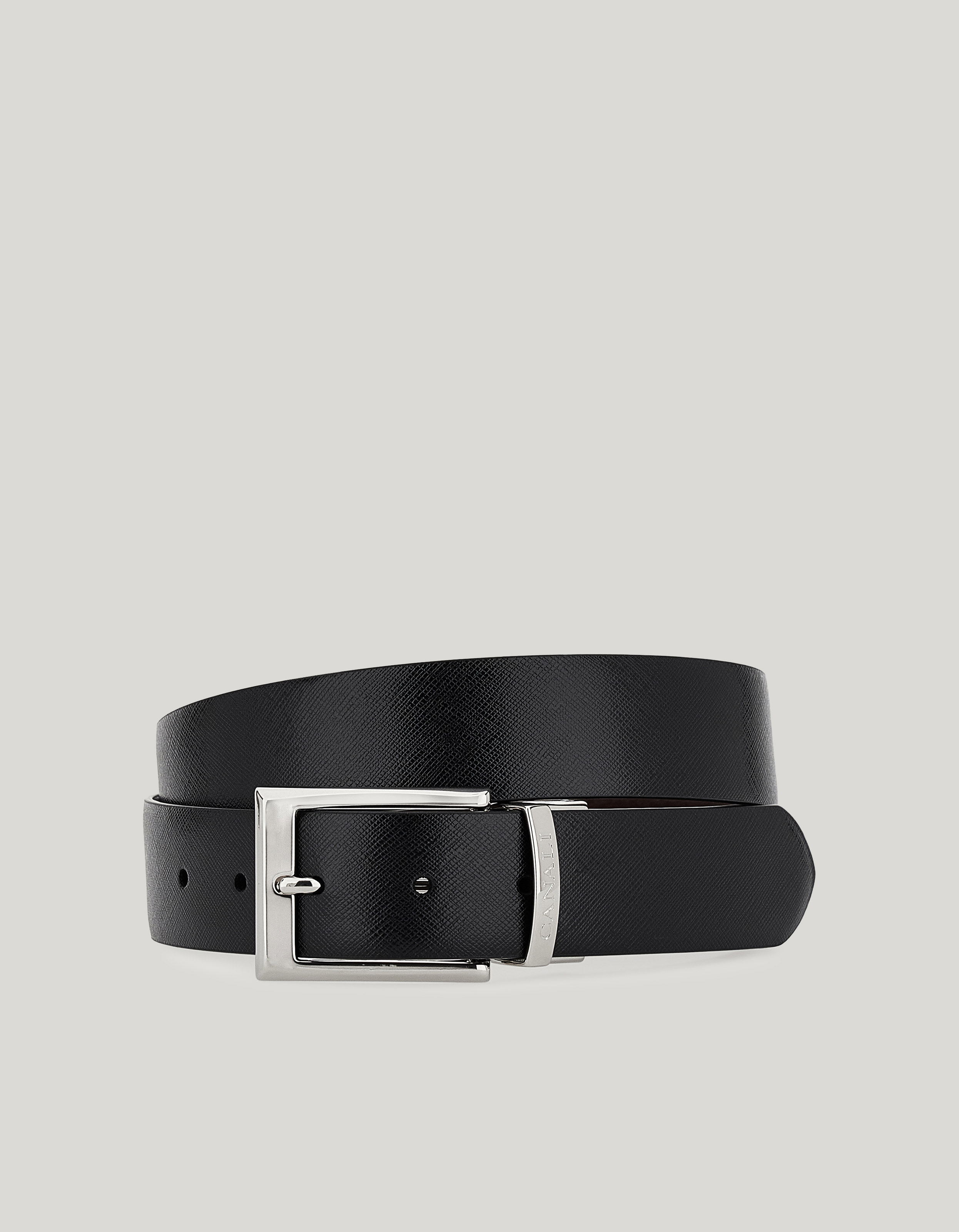 Belt in Saffiano print calfskin and smooth black and dark brown calfskin 