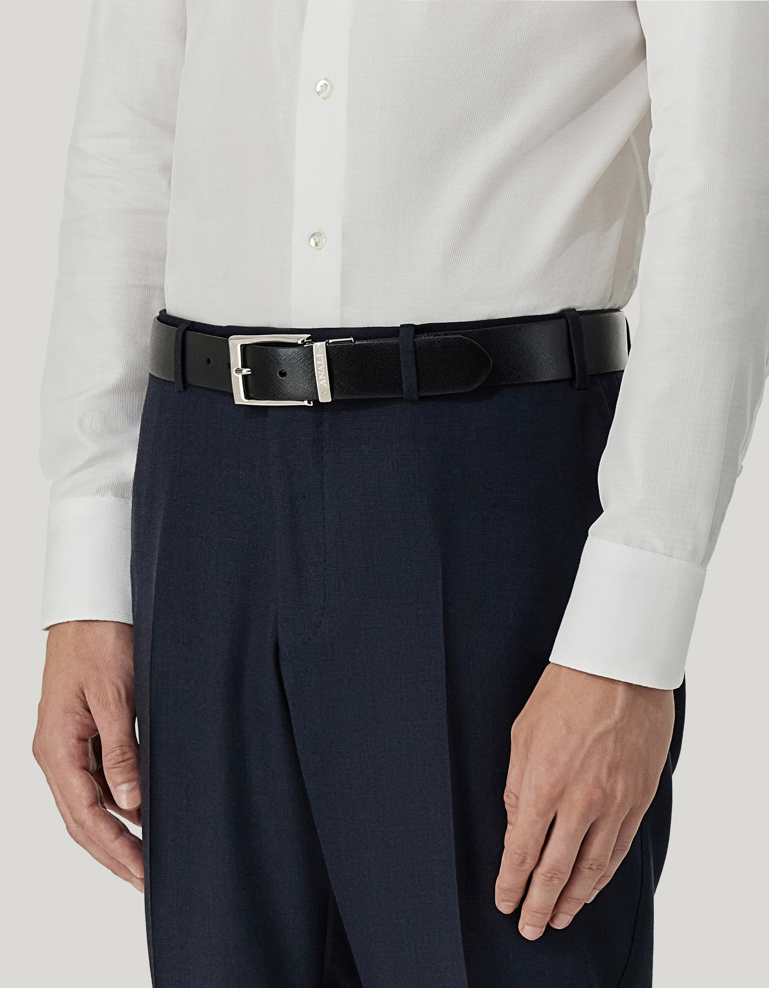 Belt in Saffiano print calfskin and smooth black and dark brown calfskin